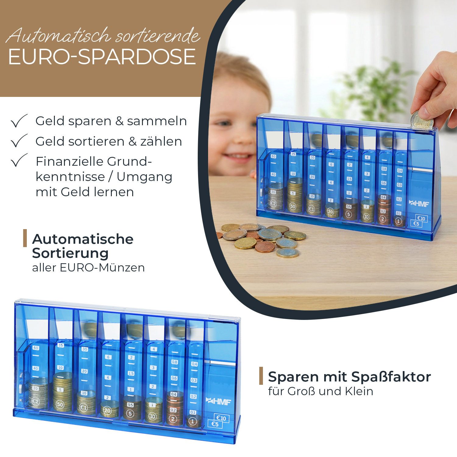 HMF Spardose Münzzähler mit automatischer Sortierung zur Kleingeld Aufbewahrung, Münzsortierer mit Werteskala als Spardose Kinder, 24 x 12 x 5 cm, Blau