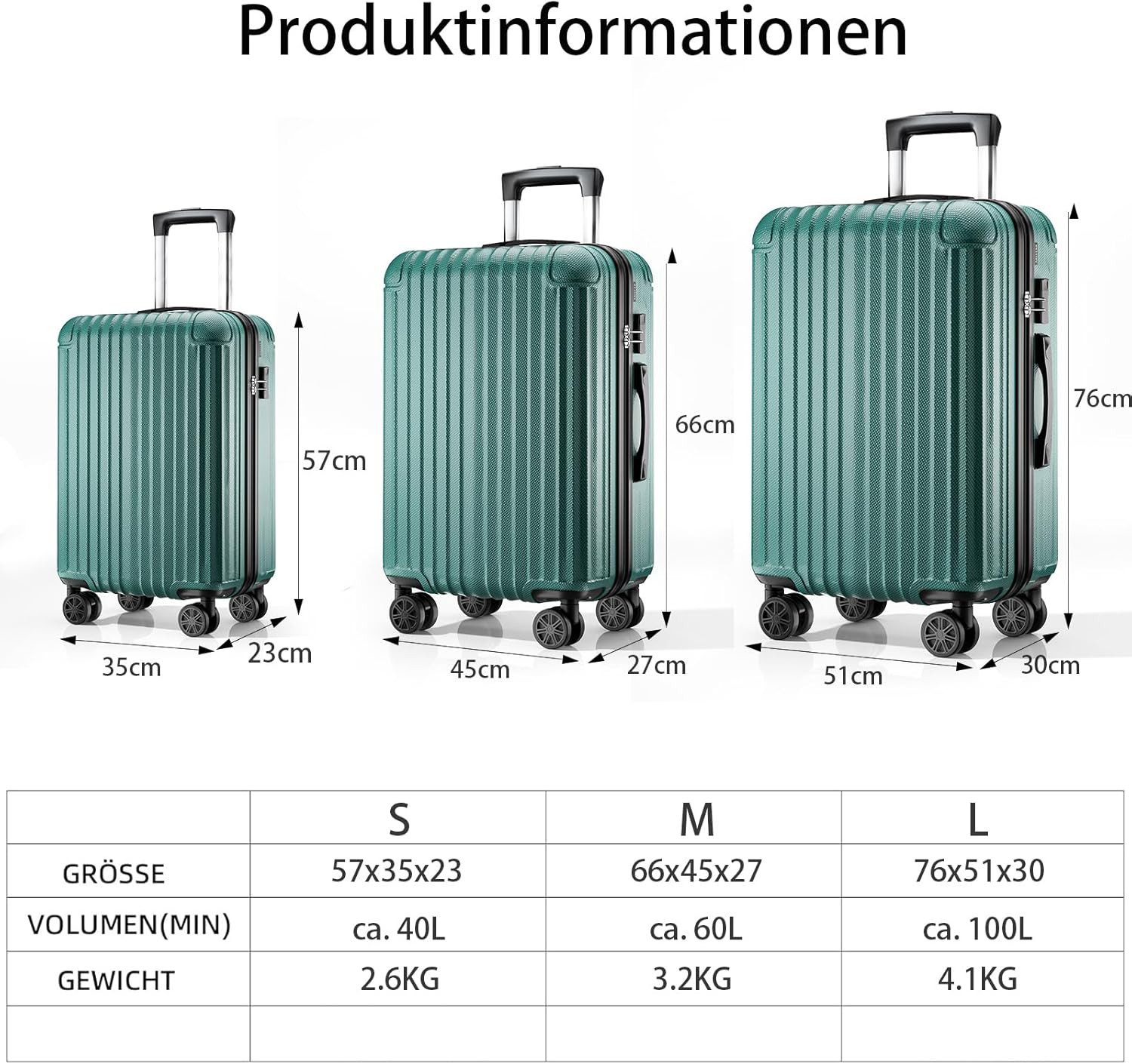 Abistab Hartschalen-Trolley Hartschalen Koffer, robuster Reisekoffer, 4 Rollen, mit Zahlenschloss, Koffer & Trolleys 57/66/76cm, 40/60/100L – Bild 5 von 5