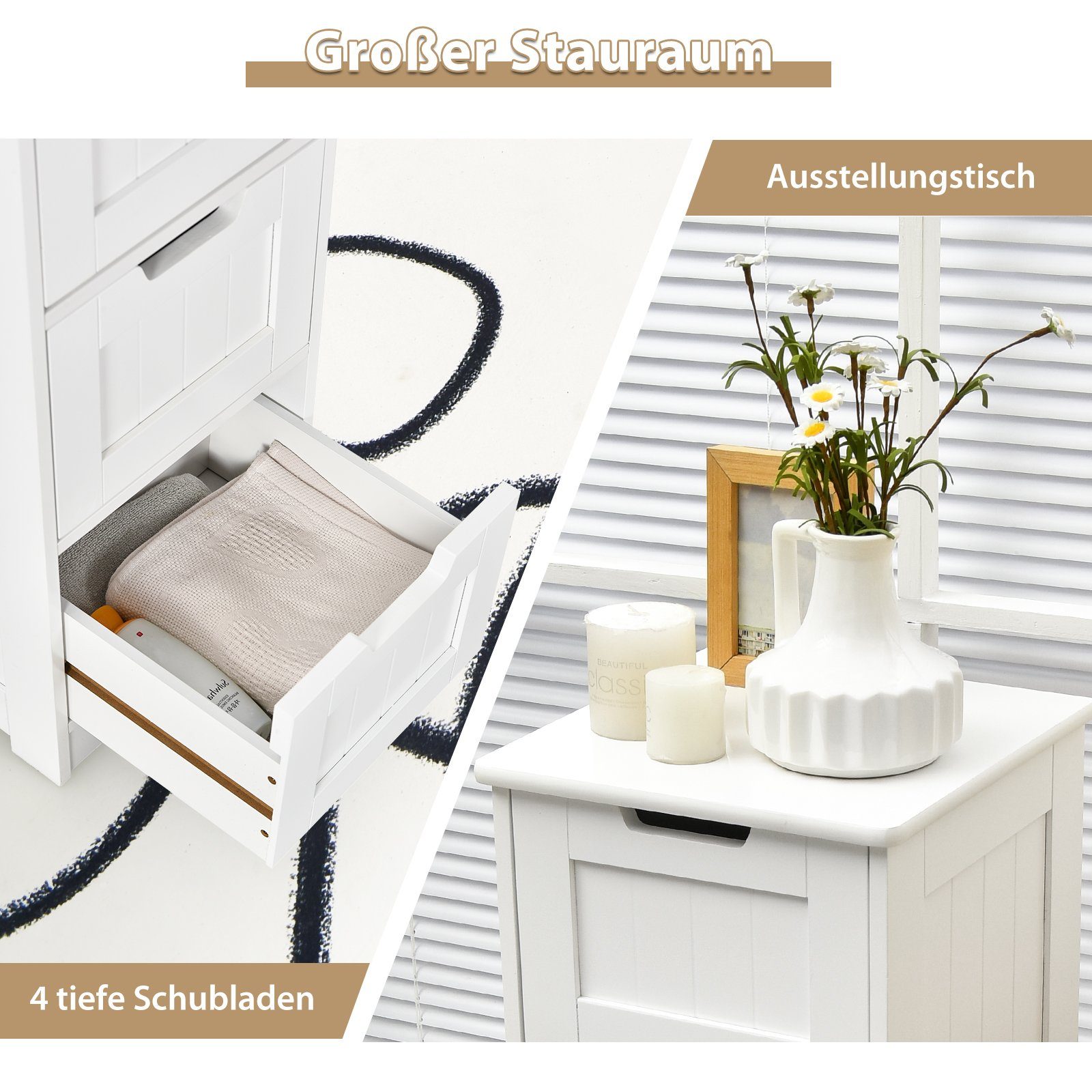 COSTWAY Badkommode, Badezimmerschrank, mit 4 Schubladen weiß