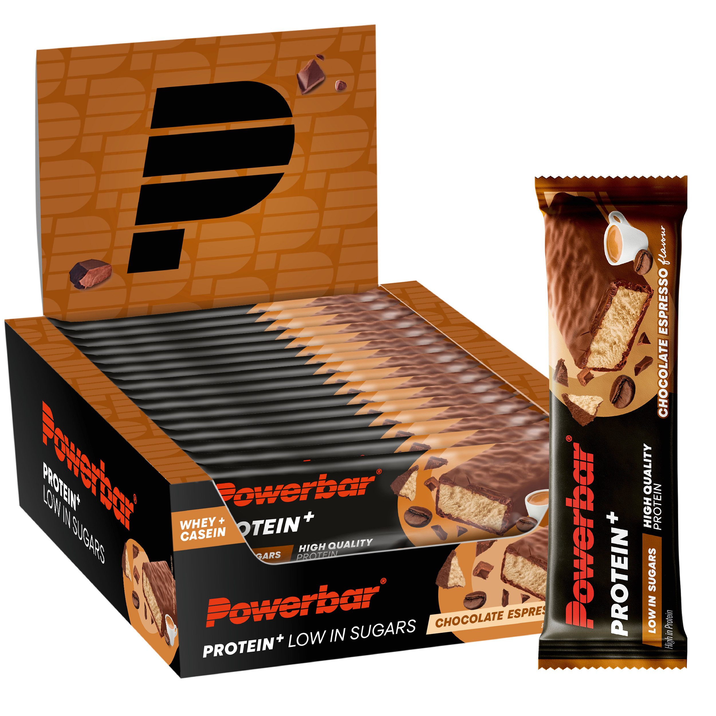 PowerBar Protein Plus - Low Sugar - Chocolate Espresso - 16x35g Riegel Riegel, 16 er Display à 16 St., 720 g, Hochwertiges Eiweiß, bis zu 11 Gramm je Geschmacksrichtung