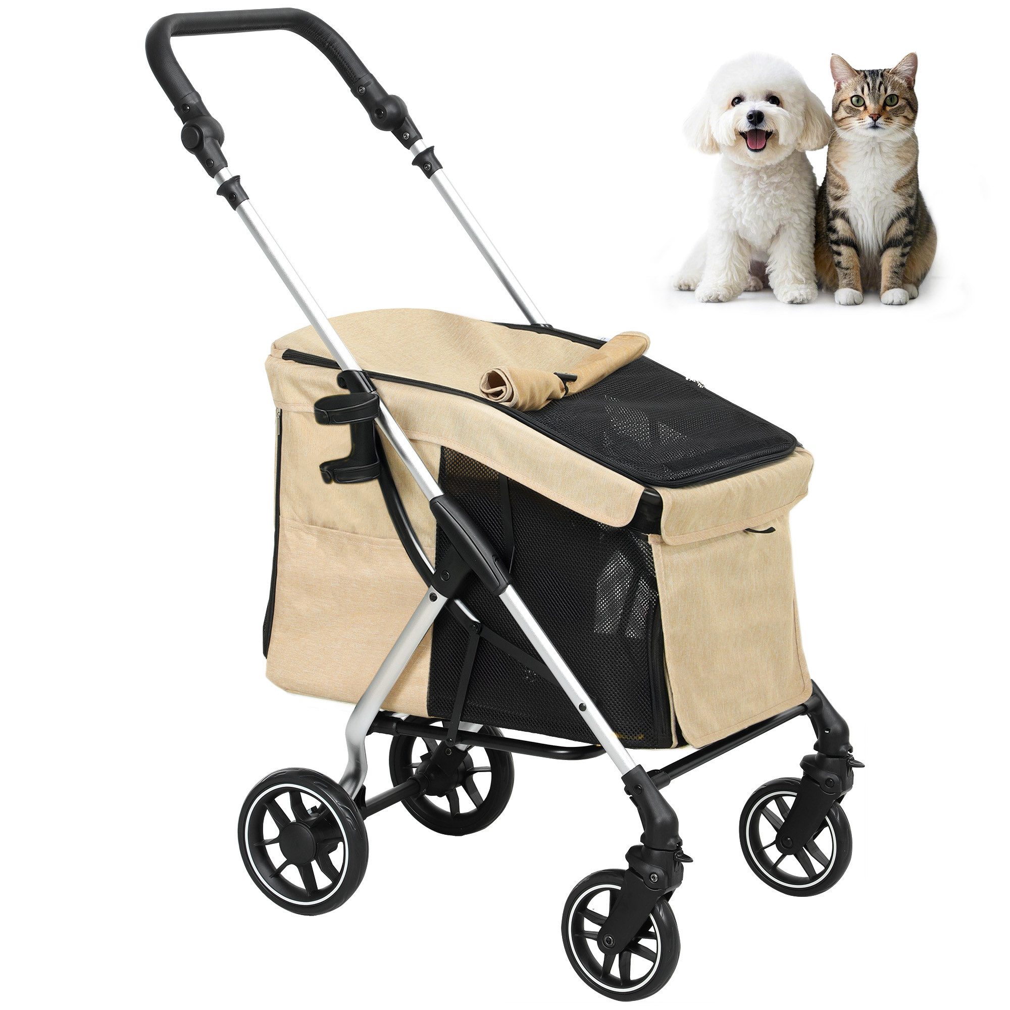 PawHut Hundebuggy klappbar, für Hunde bis 10 kg, mit Kissen, Netzfenstern, Türen, (Hundewagen, 1-tlg), Aufbewahrungskorb, Katzenwagen, Buggy, Khaki