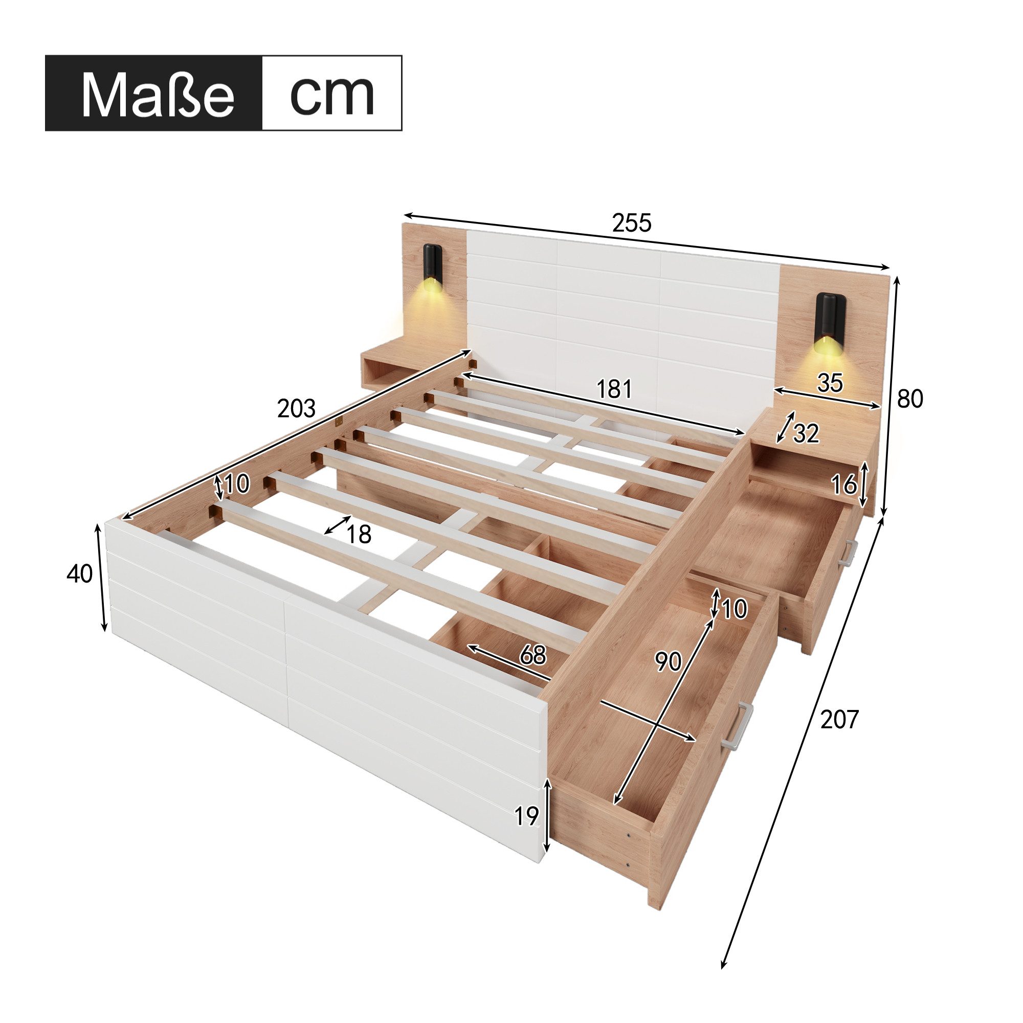 Flieks Massivholzbett, Doppelbett 180×200cm 2 Schubladen 2 Nachttische Lese günstig online kaufen