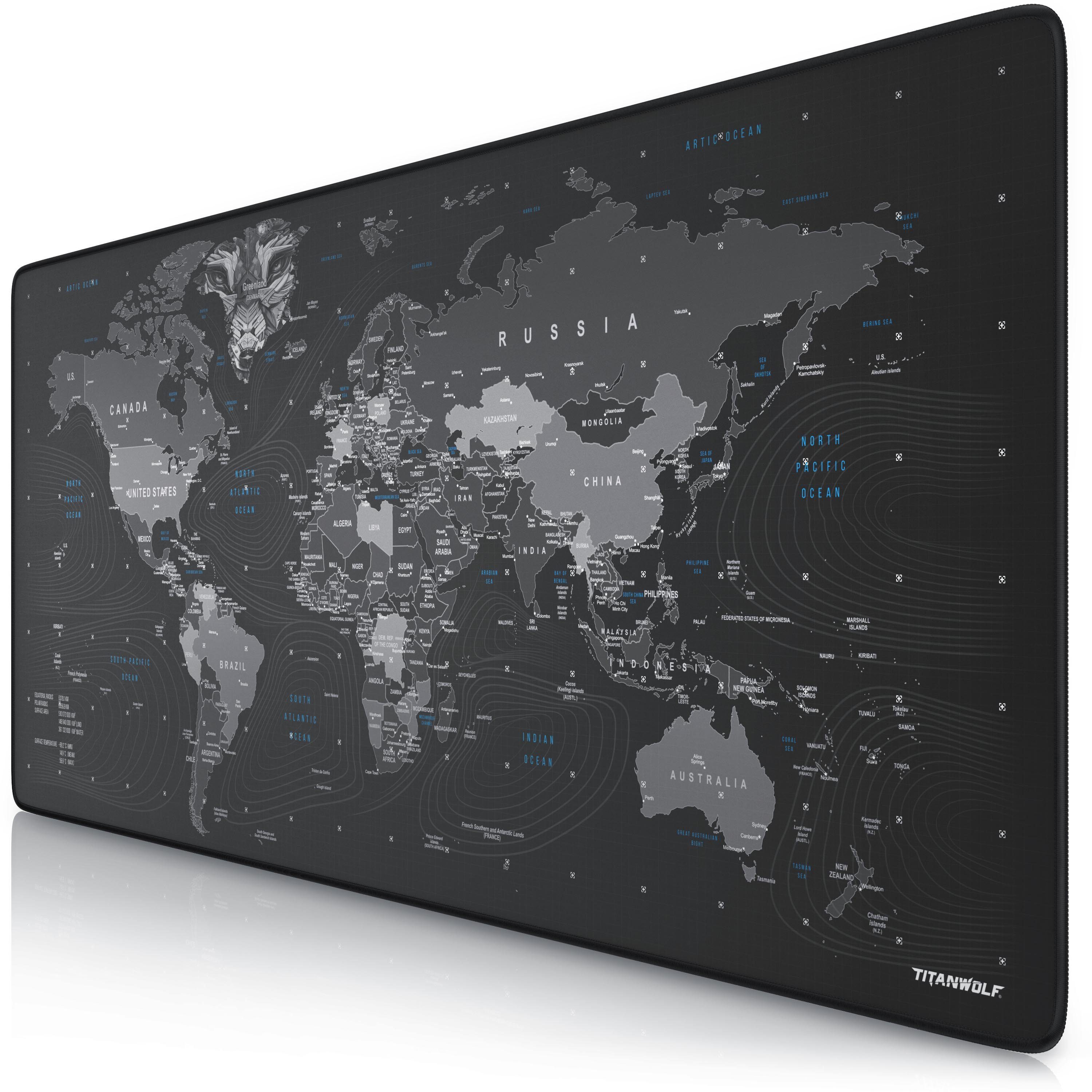 Titanwolf Gaming Mauspad XXL Speed Mousepad 900 x 400 x 3 mm, große Tischunterlage (1-St), rutschfest, abwaschbar, Geschwindigkeit & Präzision, Globus II