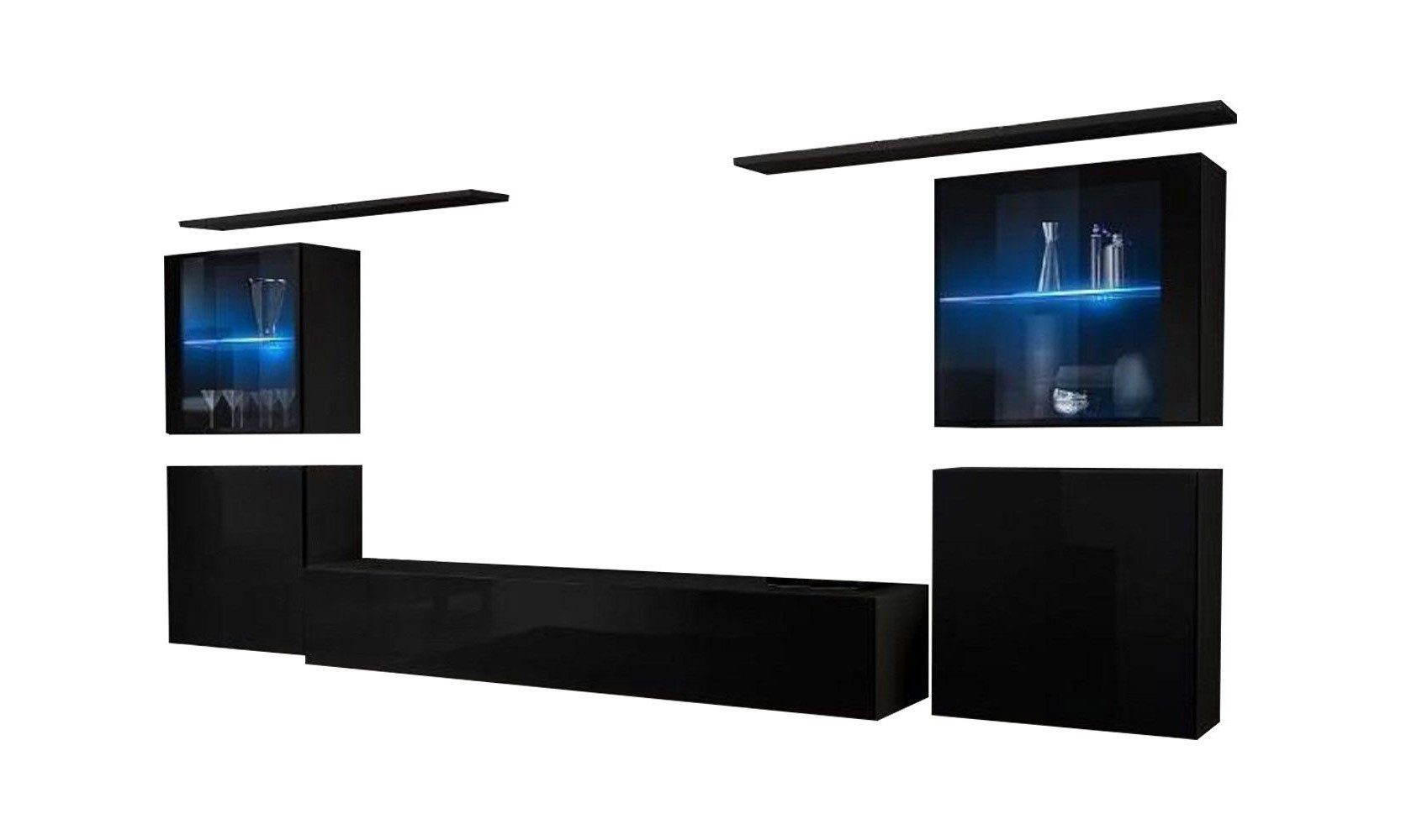 Xlmoebel Wohnwand Dunkel Wohnraum Einheit Premium Wandregal, (7-St., 1x Wohnwand + 1x TV Ständer + 4x Wandschrank + 2x Wandregale), Hergestellt in Europa