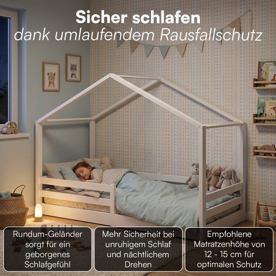 Bellabino Hausbett Abia Kinderbett mit Lattenrost und Rausfallschutz (weiß, mit Matratze), bodentiefes Kinderbett 90x200 cm, auch verfügbar in 120/140x200 cm – Bild 4 von 5