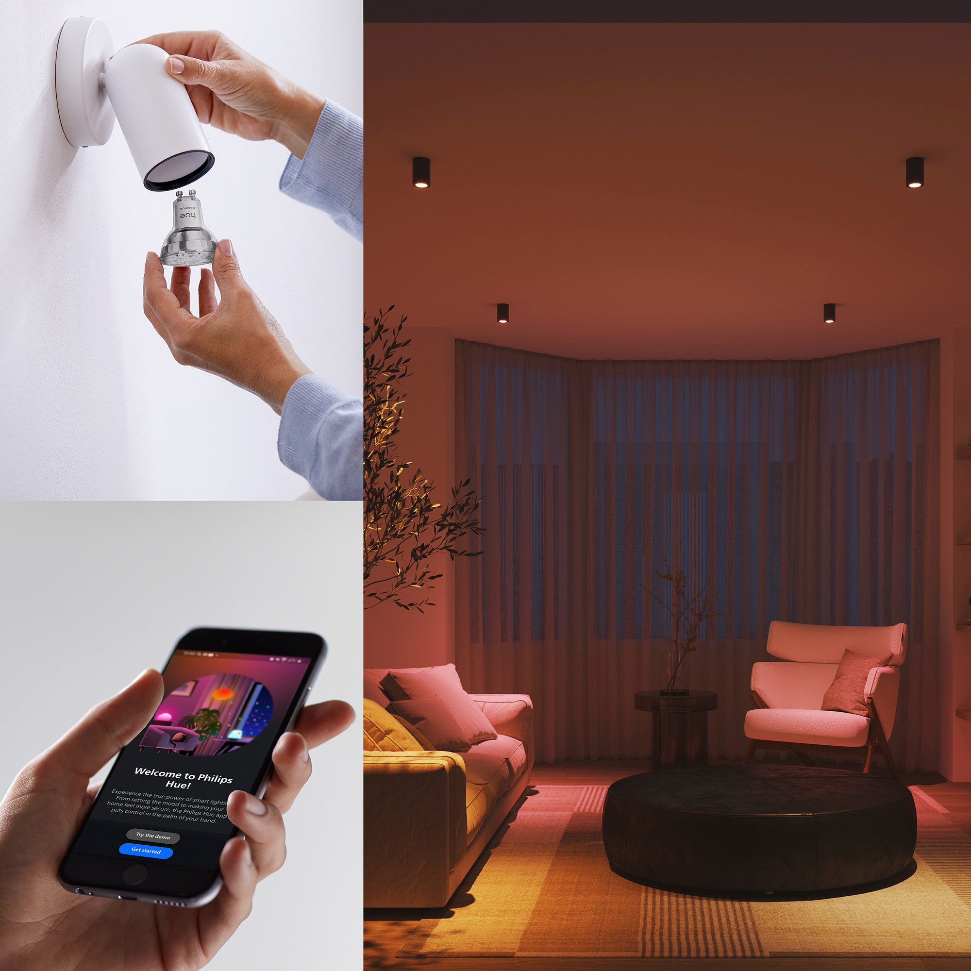 Philips Hue LED-Leuchtmittel Essential White & Color Ambiance smarte Lampe, GU10, 3 St., Farbwechsler, 3er Set, dimmbar, RGB, warmweiß - kaltweiß, 806 Lumen, 2200 - 6500 K