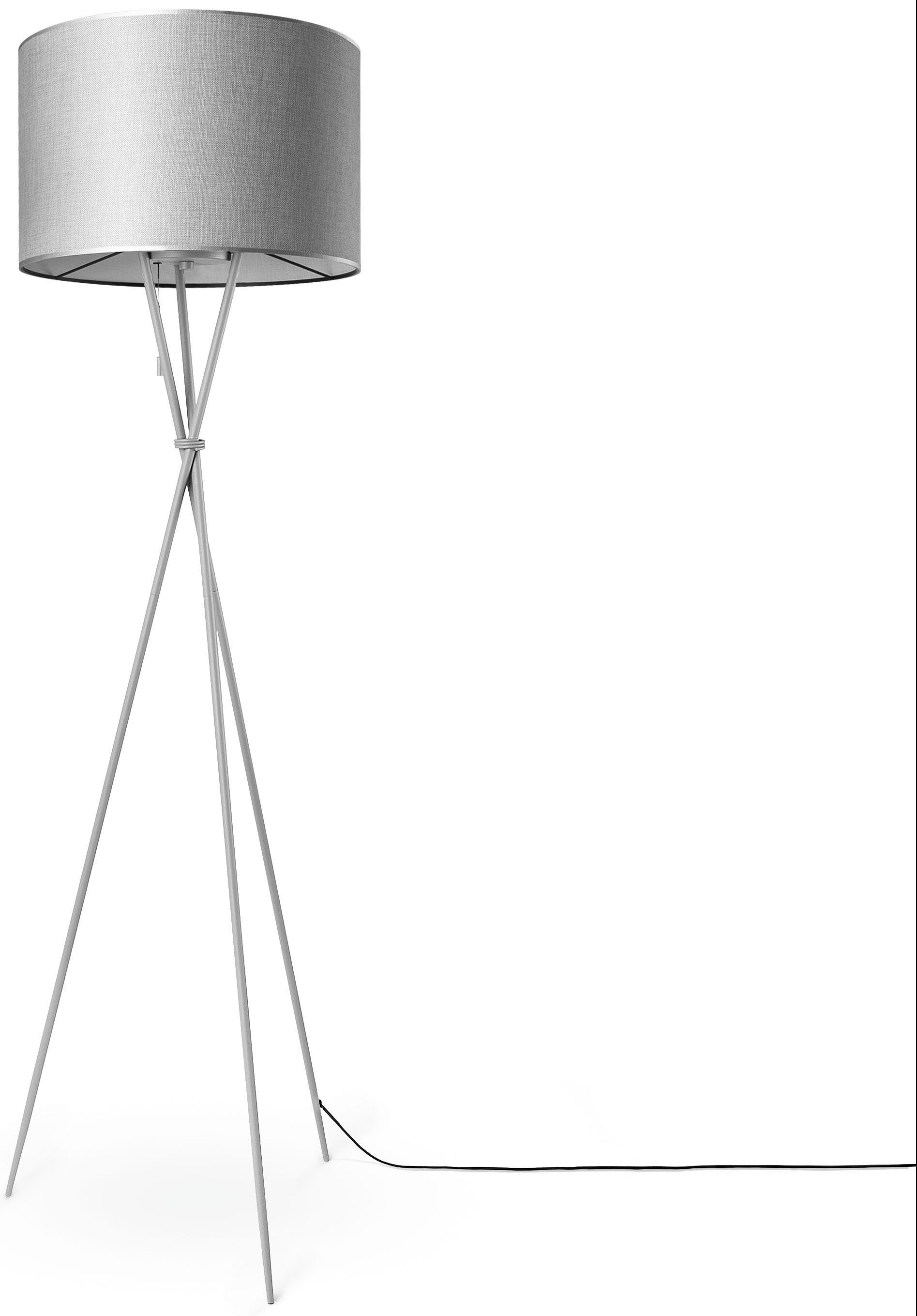 Paco Home Stehlampe KATE Leuchtmittel, Dreibein Schirm grau CANVAS E27 Wohnzimmer Standleuchte ohne grau Stoffschirmlampe Textil UNI COLOR