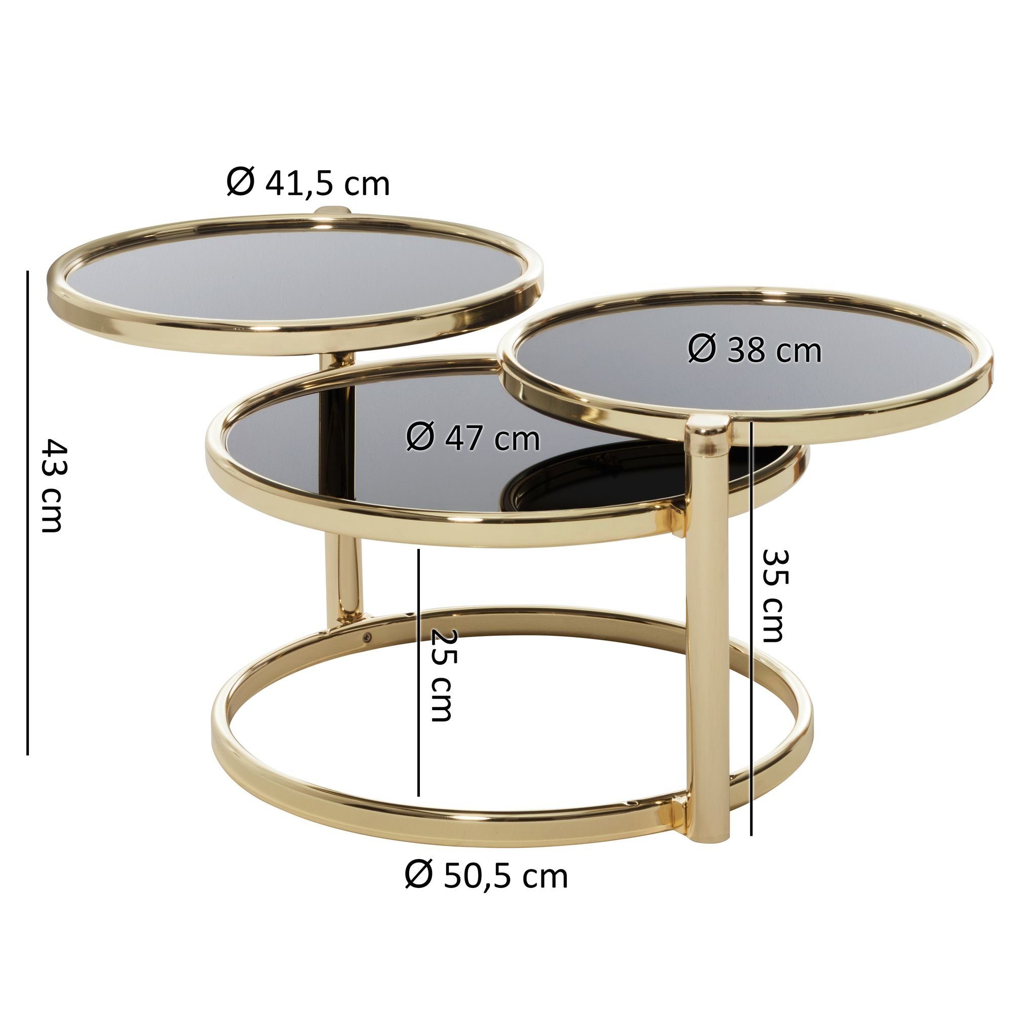 x Wohnling Gold Rund, Ausziehbar WL5.767 x 58 Wohnzimmertisch 58 3 Kaffeetisch Couchtisch cm), Tischplatten Schwarz 43 (mit