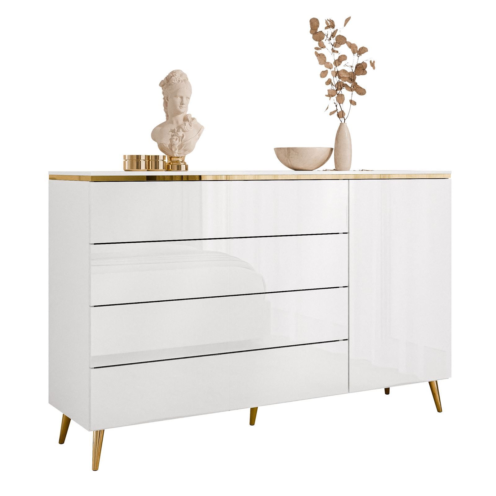 Lookway Kommode AURORA 4S1D weiß glänzend Anrichte mit Schubladen