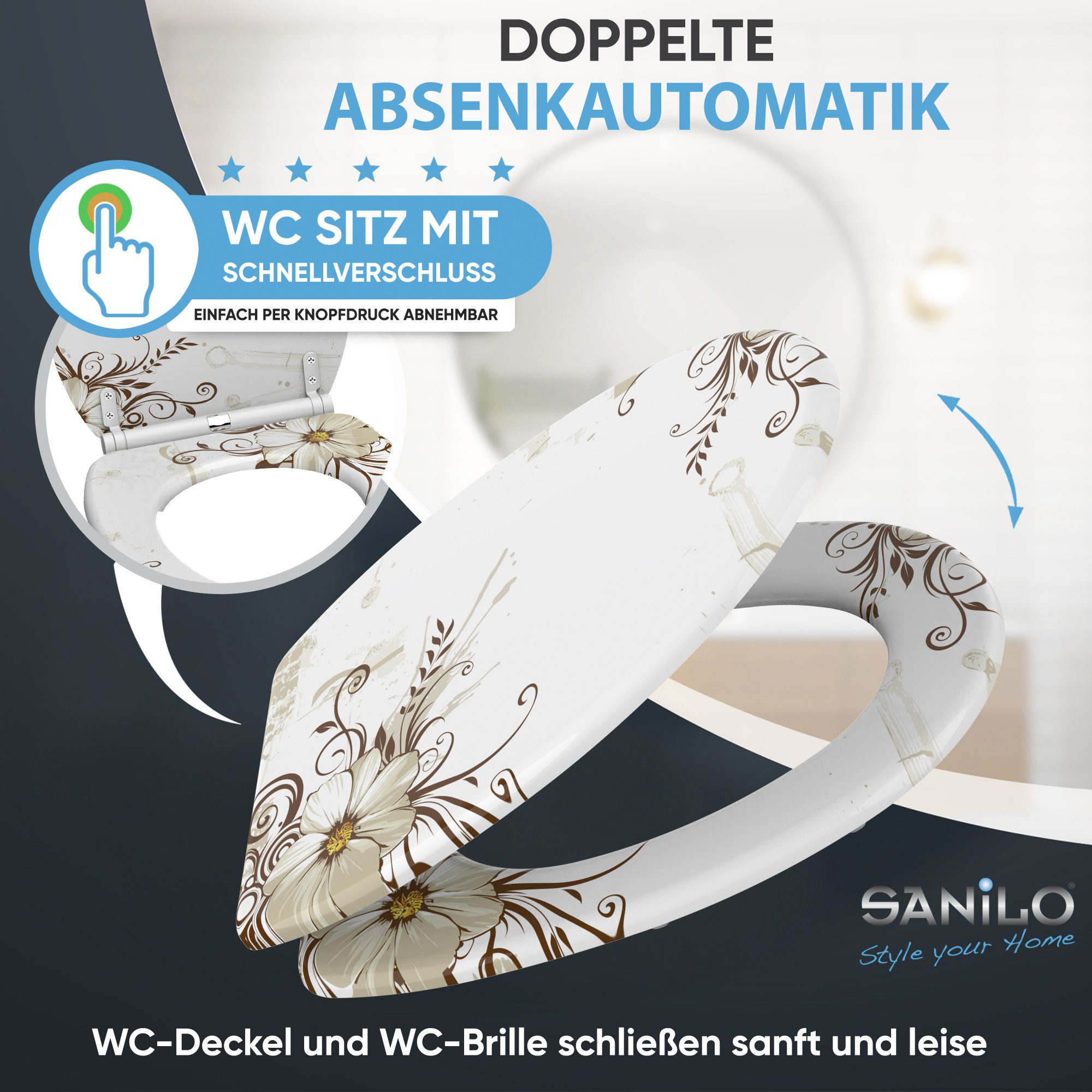 Sanilo WC-Sitz Flower mit Absenkautomatik & Quick Release, Premium Toilettendeckel, abnehmbar, leichte Montage von oben