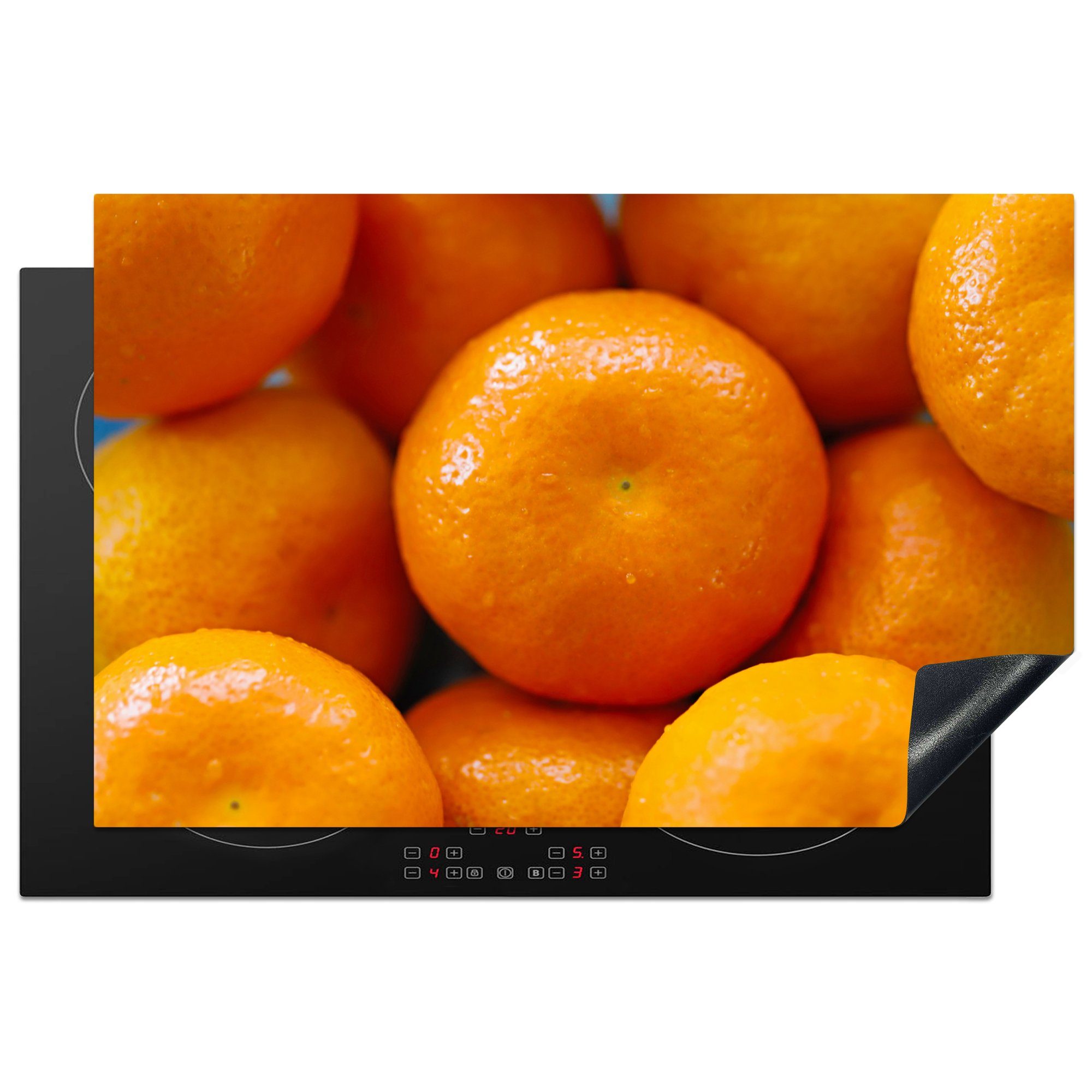 MuchoWow Herdblende-/Abdeckplatte Glänzende Mandarinen auf einem Haufen, Vinyl, (1 tlg), 81x52 cm, Induktionskochfeld Schutz für die küche, Ceranfeldabdeckung
