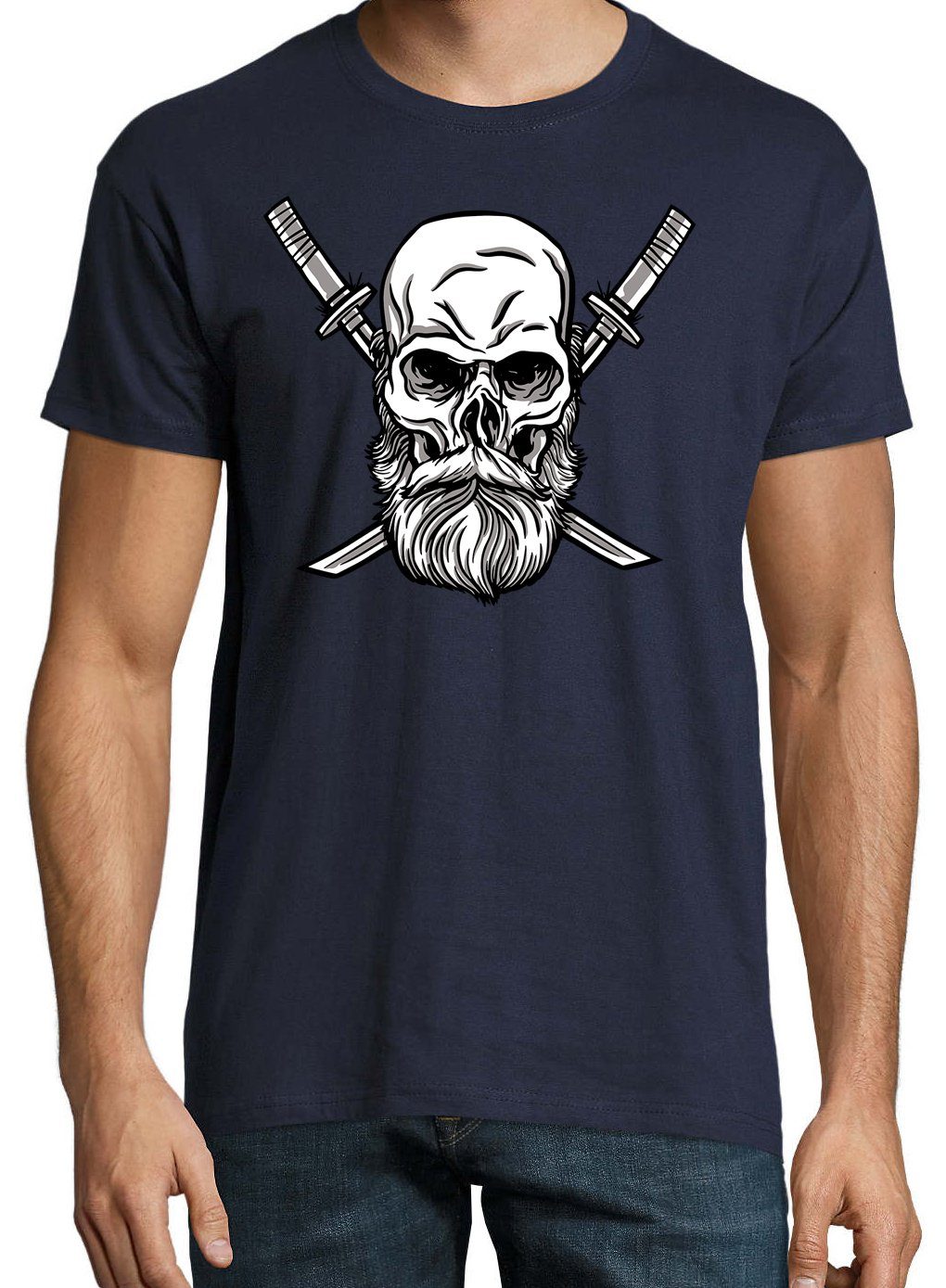 Frontrpint mit Katana T-Shirt Designz Shirt Schädel Herren Youth Navyblau trendigem