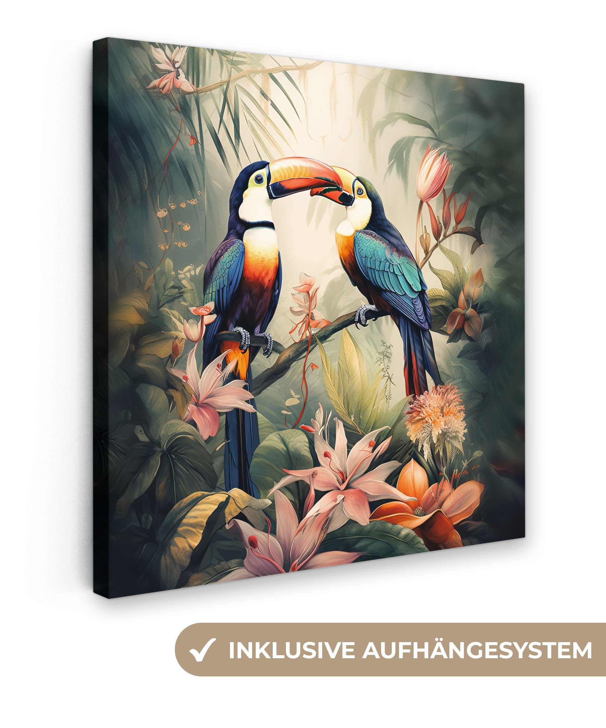 OneMillionCanvasses® Leinwandbild Tukan - Vögel - Blumen - Natur - Dschunge günstig online kaufen