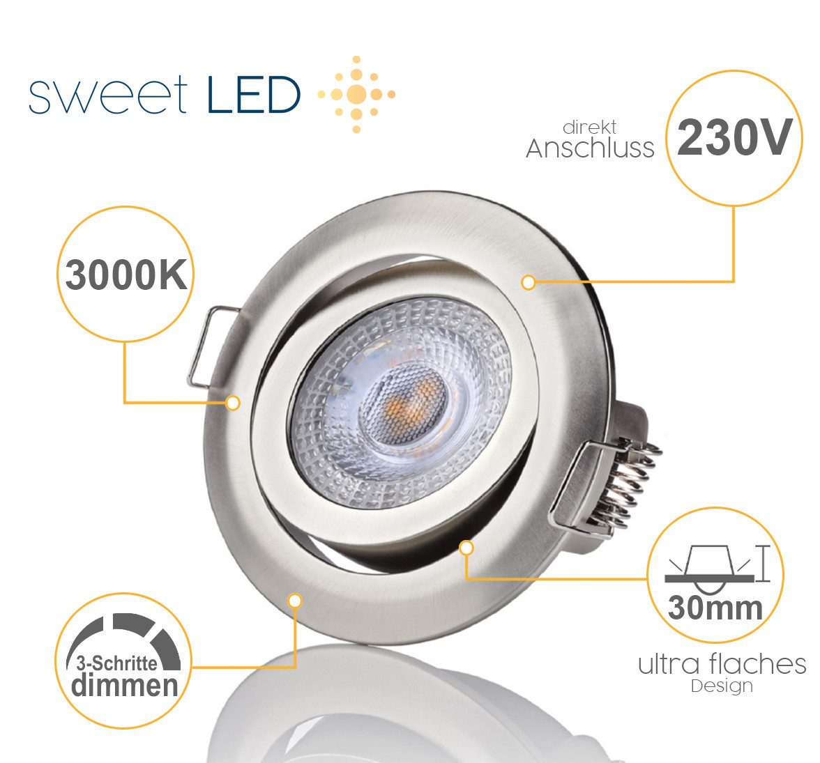 Sweet LED LED Einbaustrahler 6er Set 5 W Deckenspots rund chrom 3-Stufen dimmbar schwenkbar 230V, Deckenspots, Deckenstrahler,Einbauleuchten