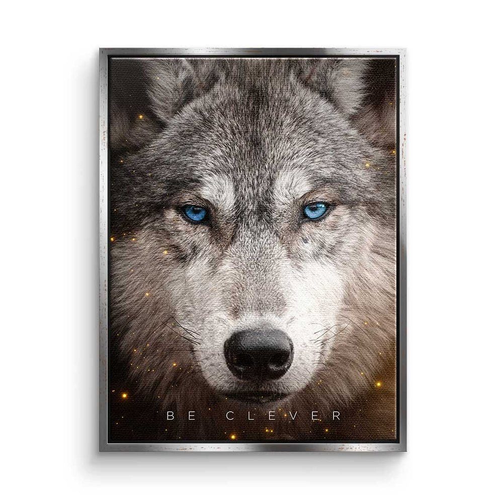 DOTCOMCANVAS® Leinwandbild, Leinwandbild Clever Face Wolf Motivation be clever mit premium Rahmen silberner Rahmen