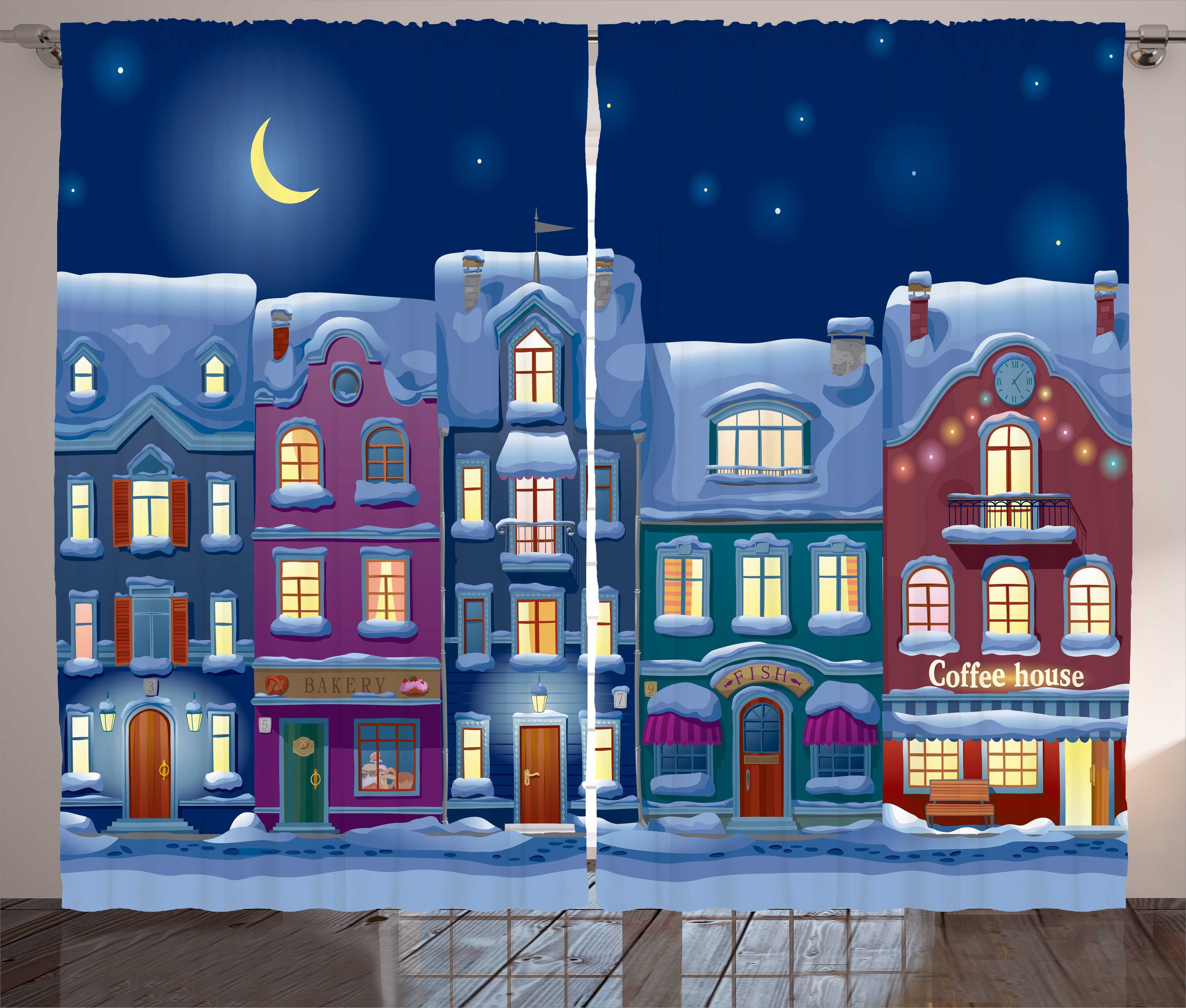 Gardine Schlafzimmer Kräuselband Vorhang mit Schlaufen und Haken, Abakuhaus, Stadt Benachbarte Häuser Winter Night
