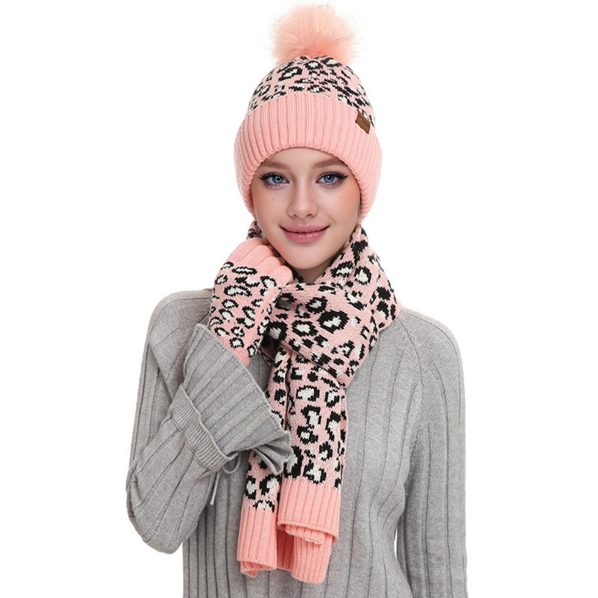 YNOFIT Mütze & Schal 3St Wintermützen, Handschuhe, Schals, Herbst/Winter-Strickmützen-Set (Wintergeschenk für Männer und Frauen) Klassischer Leopardenschal, Mütze, Handschuhe für Frauen