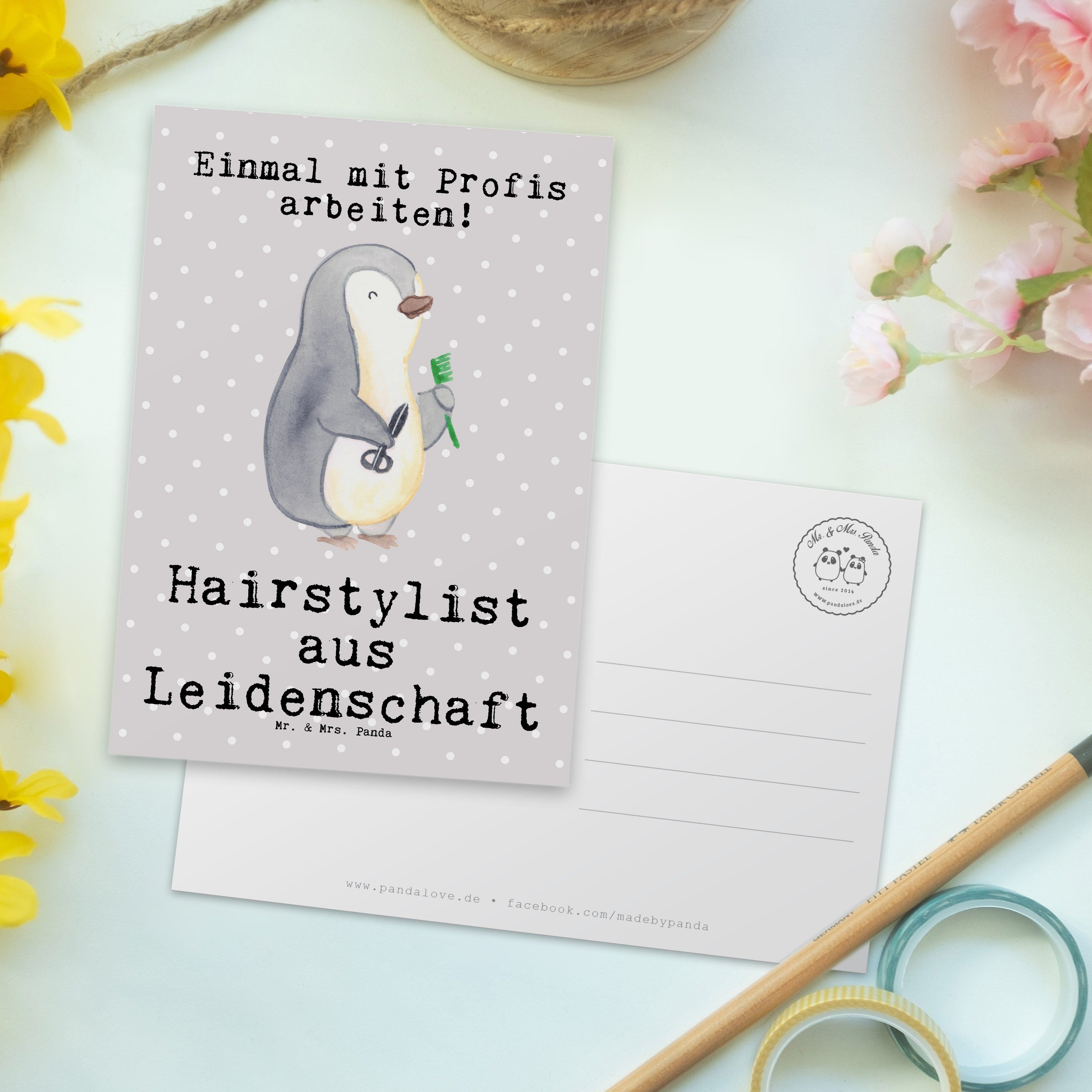 Leidenschaft - Panda aus & Haarstylist Postkarte Geschenk, Mrs. Hairstylist Grau Mr. - Pastell