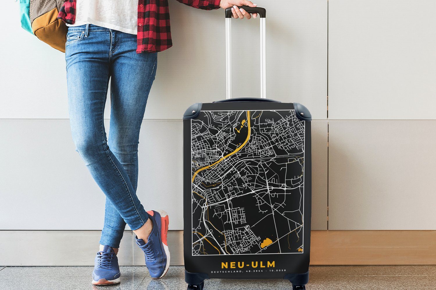 MuchoWow Handgepäckkoffer Gold - für Ulm, Reisekoffer Deutschland mit Karte - Reisetasche Ferien, - rollen, 4 Handgepäck Trolley, Neu Rollen