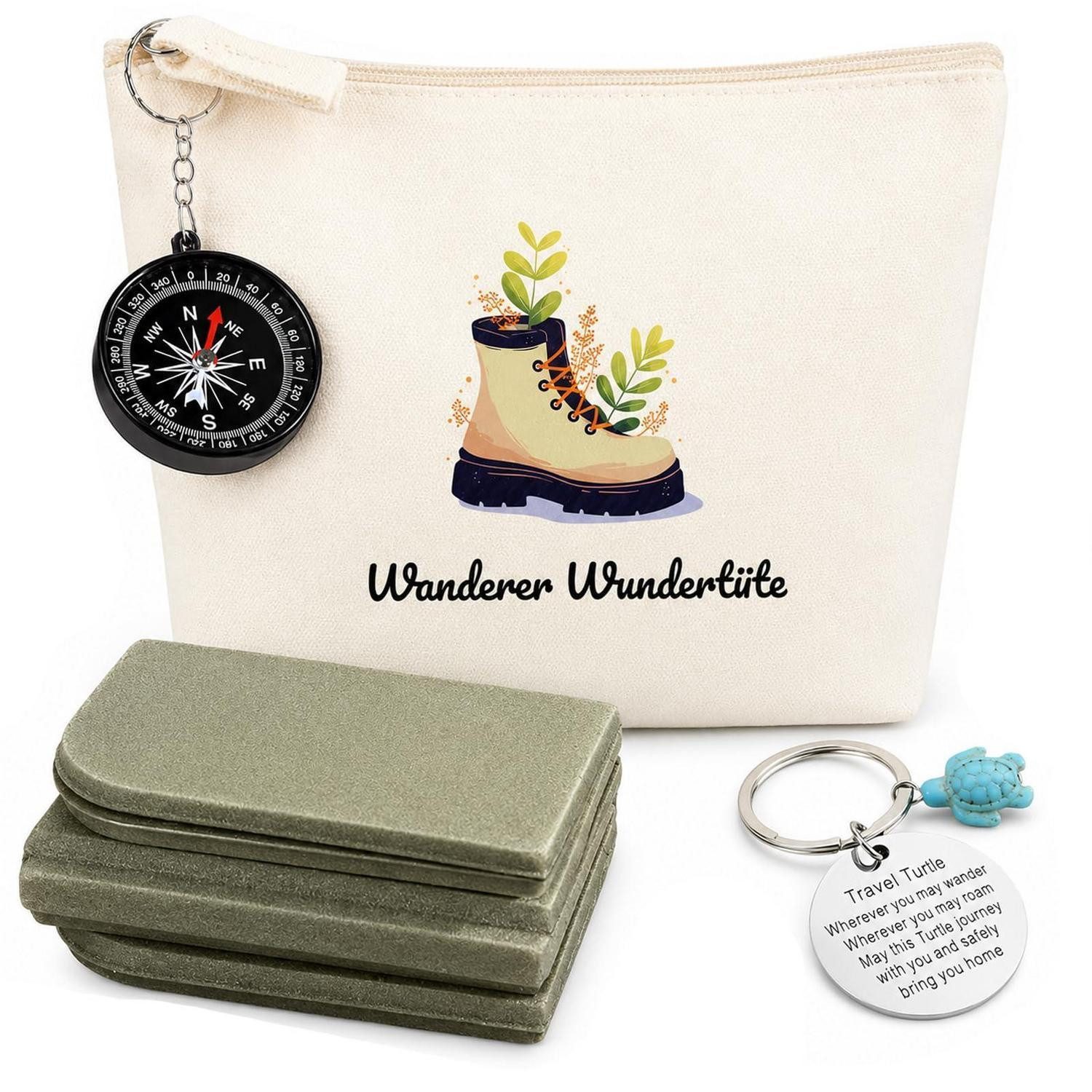 LuxusKollektion Geschenkbox Wandern Geschenkset Damen 4tlg. Kulturtasche Kissen Kompass