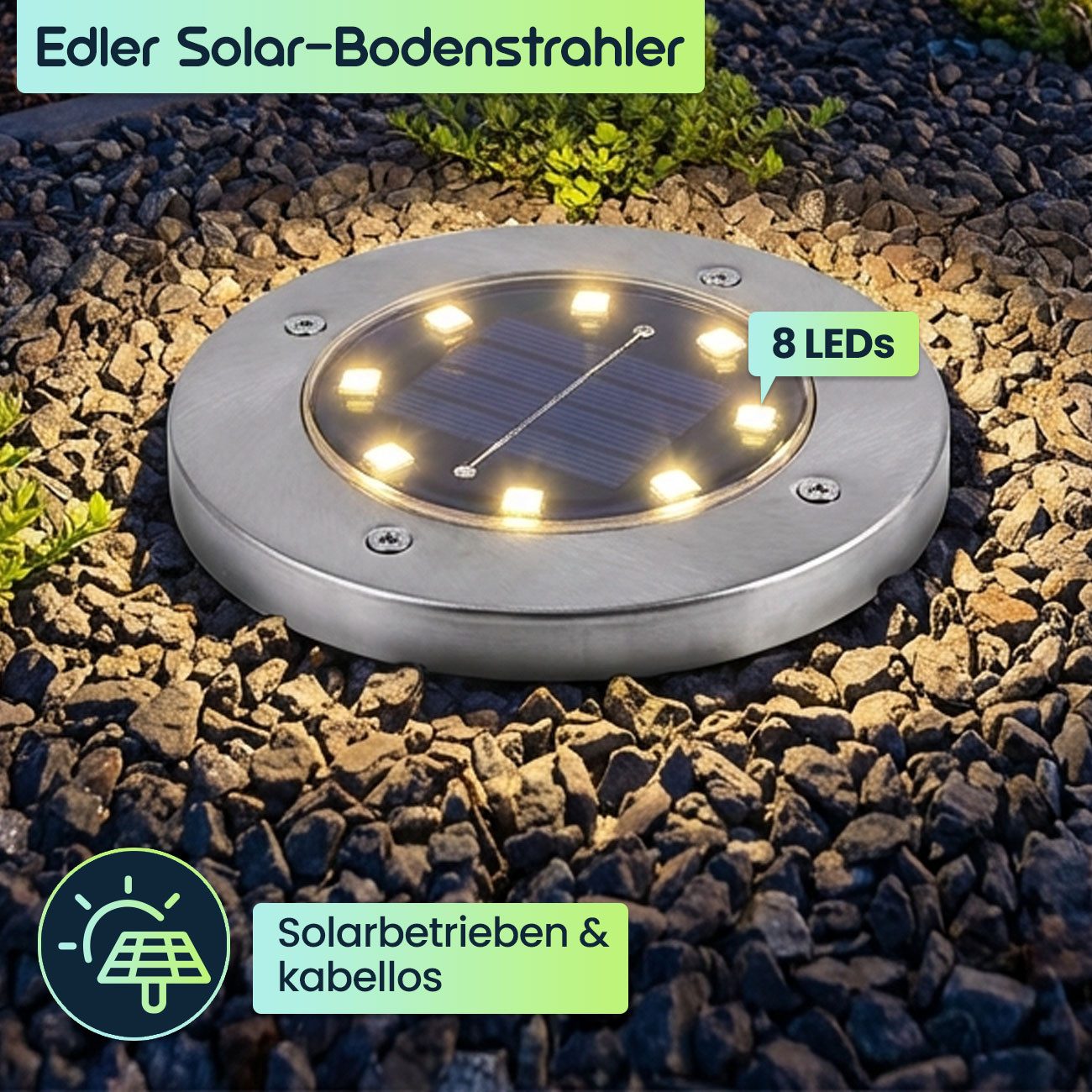 Casativo Gartenstrahler Solar-Bodenstrahler 200lm IP44 Erdspieß Garten-Außenleuchte Ø 11,5cm, LED fest integriert, 8-LEDs je Strahler, Wegleuchte, Dämmerungssensor & 6-8h Leuchtdauer