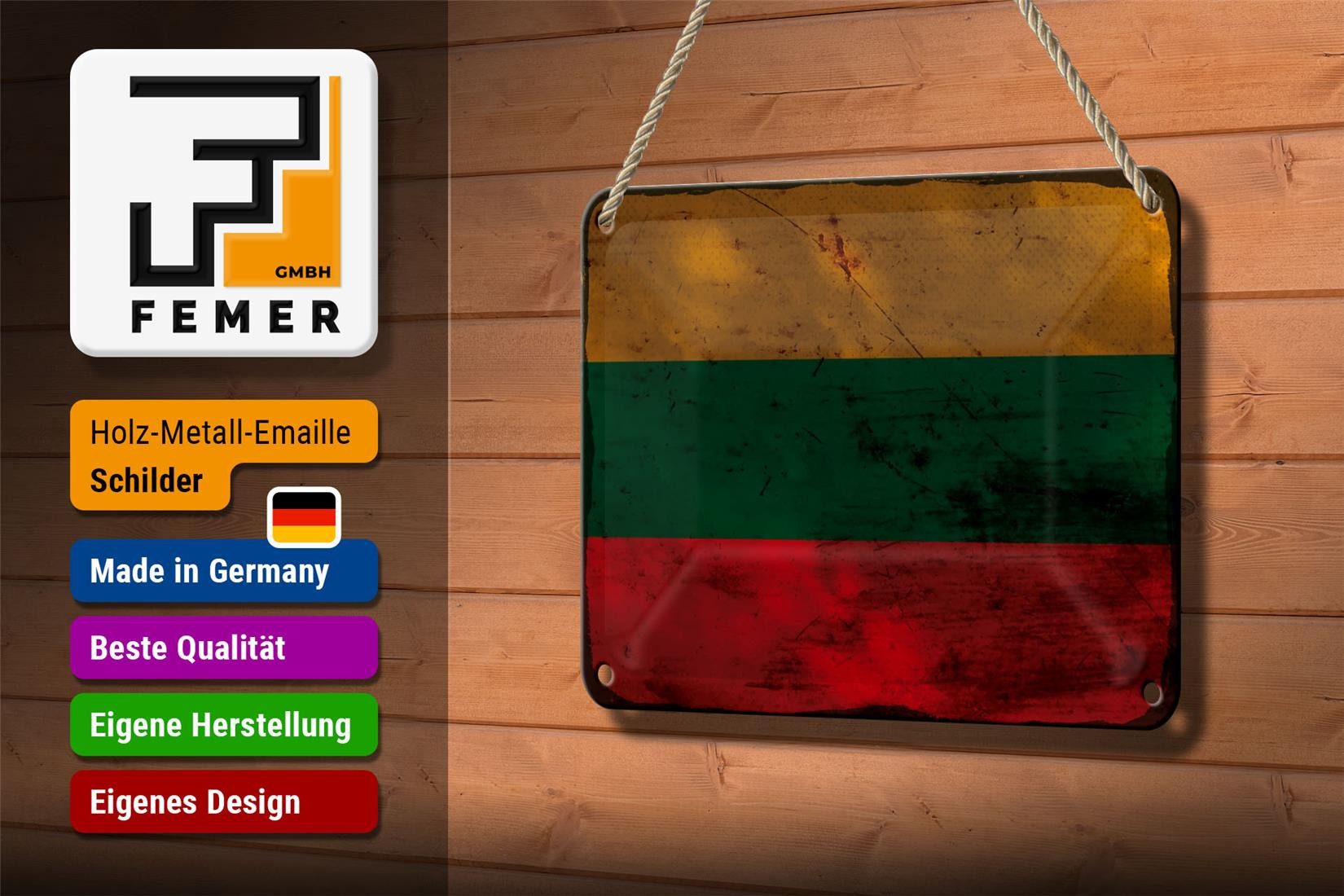 Femer GmbH Metallschild Flagge Litauen 18x12cm Flag of Lithuania Rost, (1 St), gewölbte Oberfläche, abgerundete Ecken, umgeschlagene Kanten