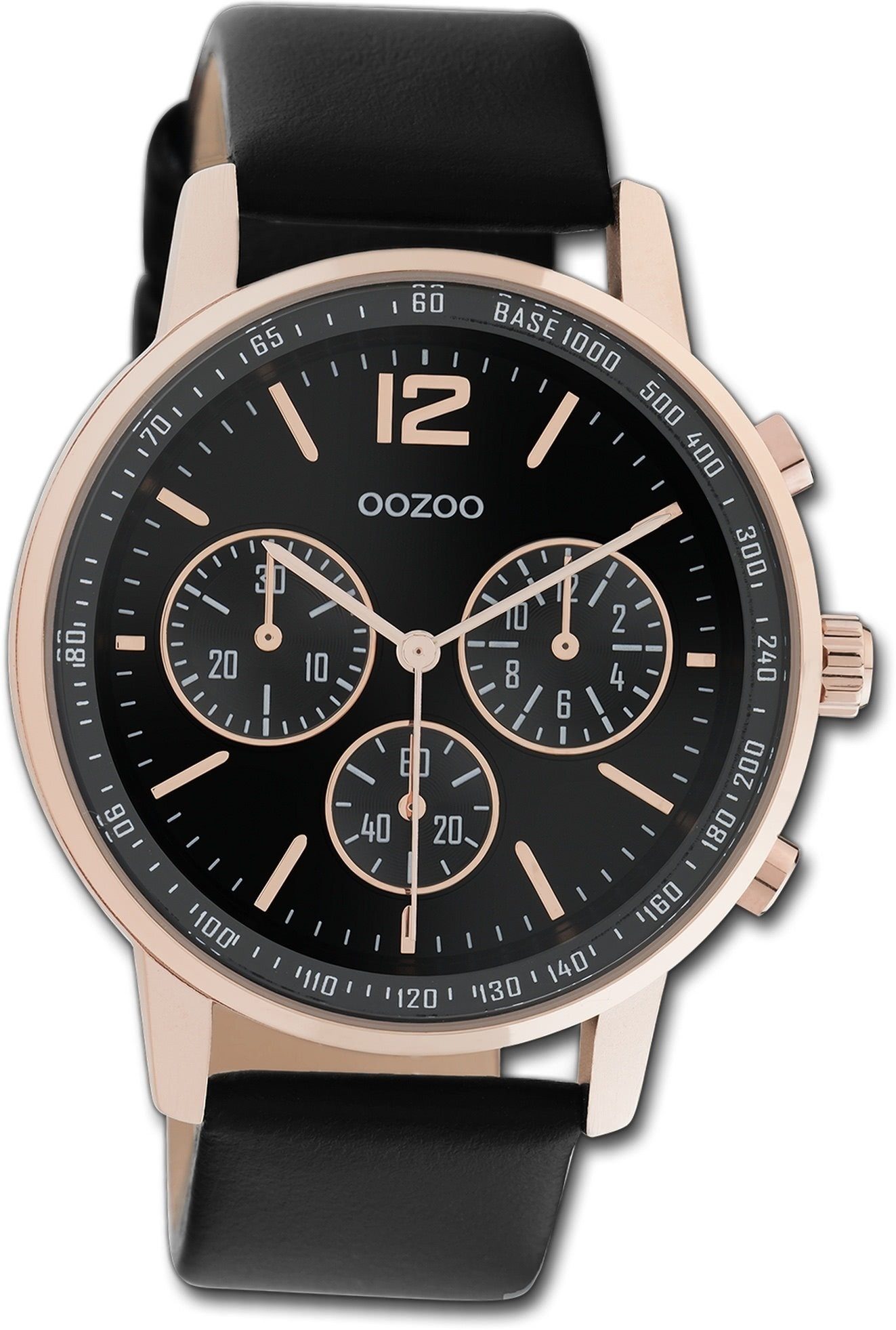 OOZOO Quarzuhr Oozoo Damen Armbanduhr Timepieces, Damenuhr Lederarmband schwarz, rundes Gehäuse, groß (ca. 42mm)