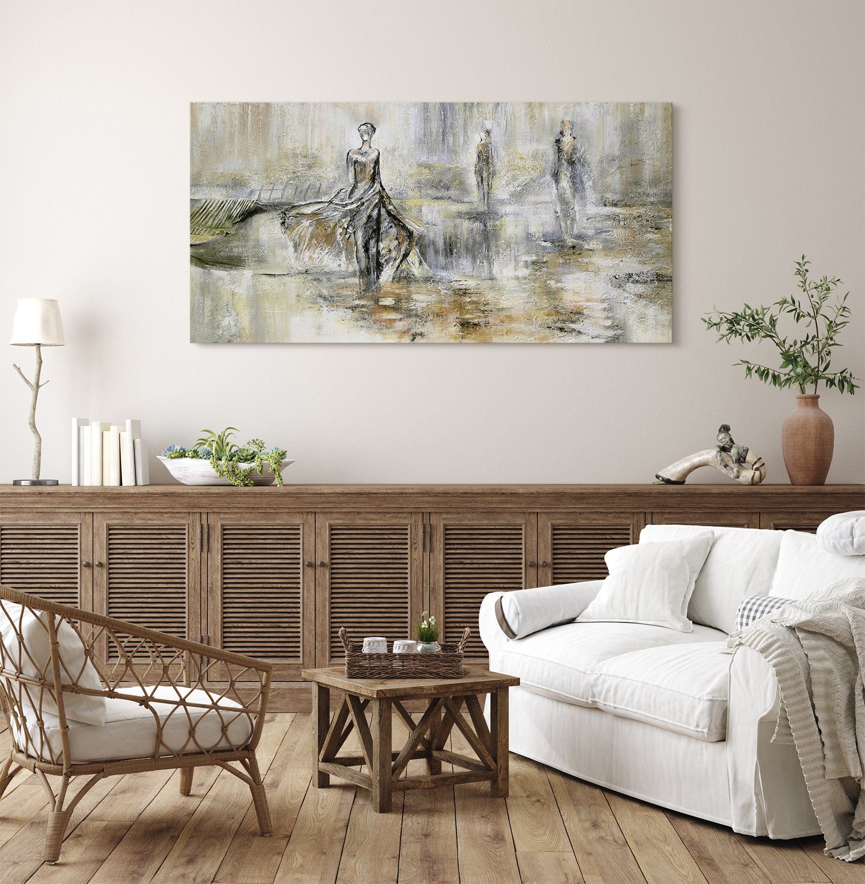 Großes Handgemaltes Acrylbild 'Modenschau' Auf Leinwand – 140x70cm, Abstrakt In Grau, Beige, Braun, Modernes Wandbild