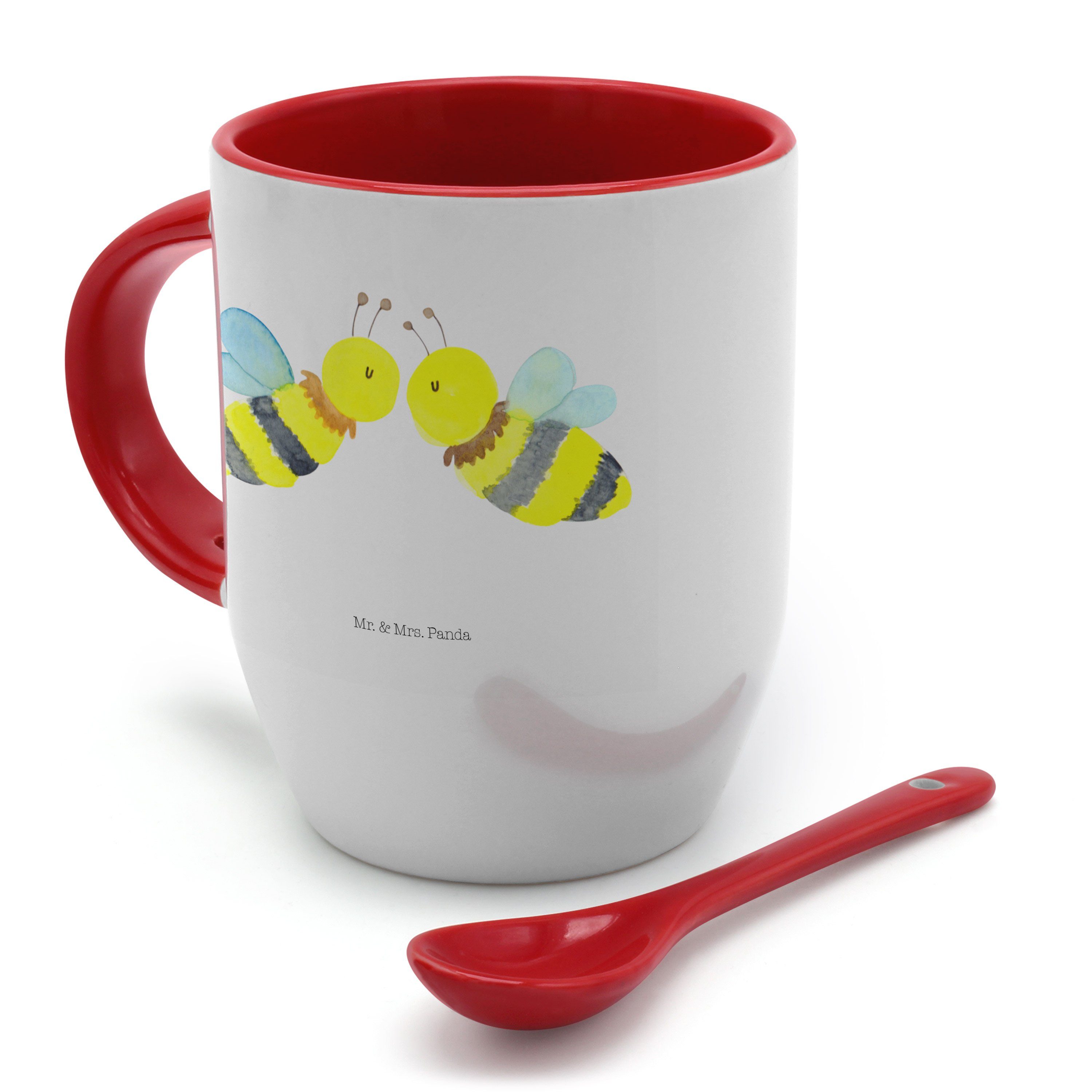Löffel, Tasse mit - - Liebe & Biene Weiß Geschenk, Kaffeebecher, Mrs. Keramik Mr. Panda Wespe, Tasse