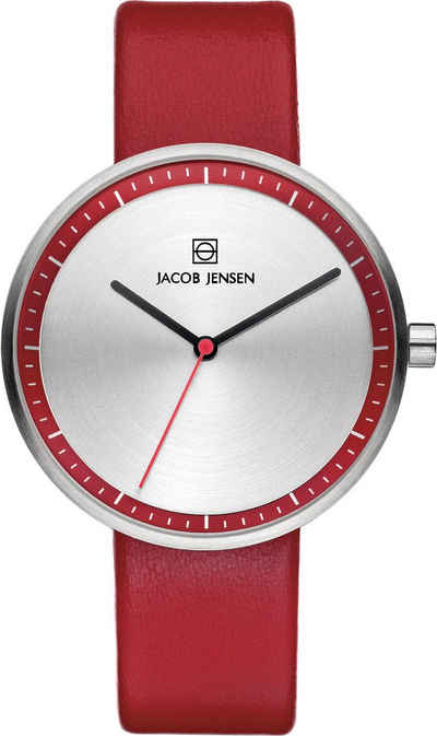 Jacob Jensen Quarzuhr Damenuhr Lederband Uhrendesign Stahl ⌀36mm STATA, farbiger Sekundenzeiger