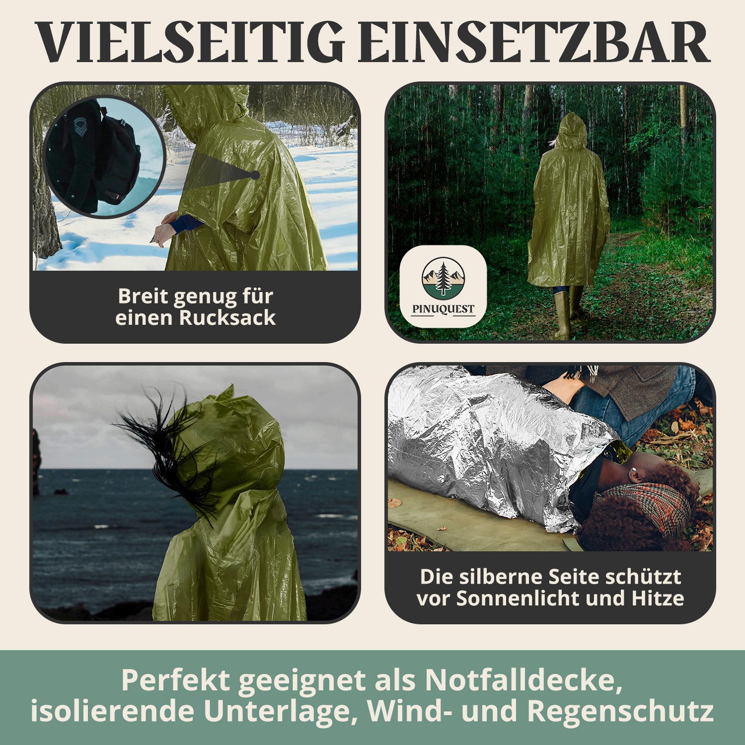 PINUQUEST Regenponcho Notfall-Poncho 26 µm grün (2-St) Poncho für Notfälle, Notponcho Wärmereflexion, wasserdicht winddicht – Bild 5 von 5