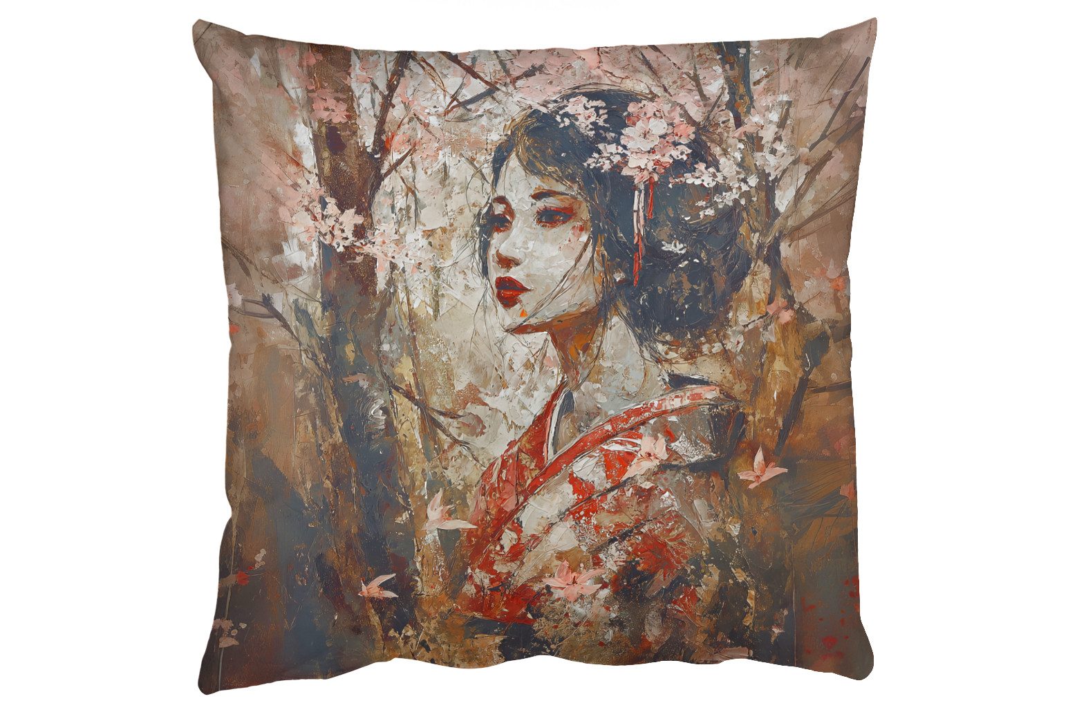 MuchoWow Dekokissen Kimono - Frau - Kirschbäume, Zierkissen, Deko Kissen mit Füllung, Sofakissen, 60x60 cm