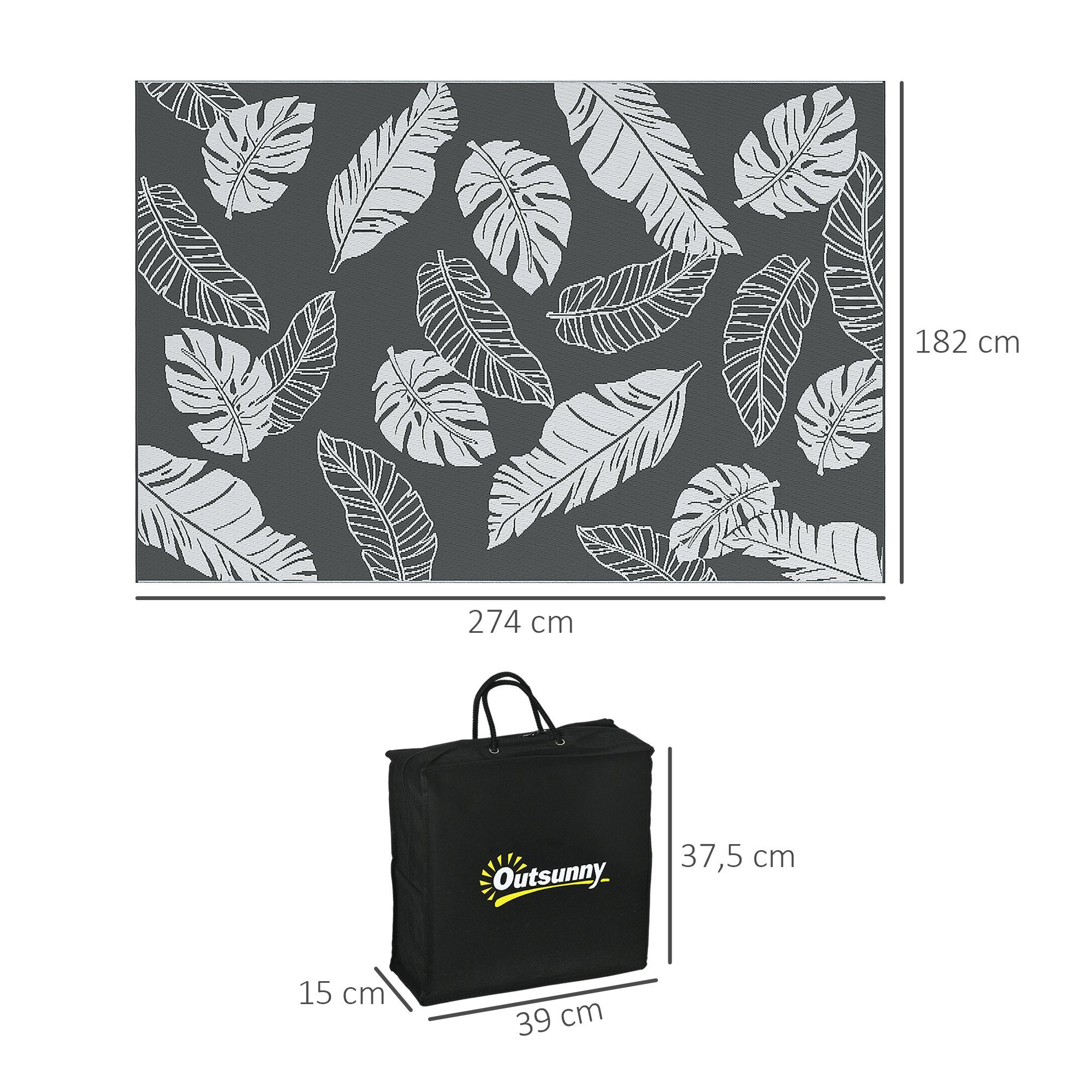 Outsunny Outdoorteppich Campingteppich, doppelseitig, wetterfester Kunststoffteppich, Rechteckig, Höhe: 0.3 mm, für Balkon, Terrasse, Grau+Weiß, 182 x 274 cm