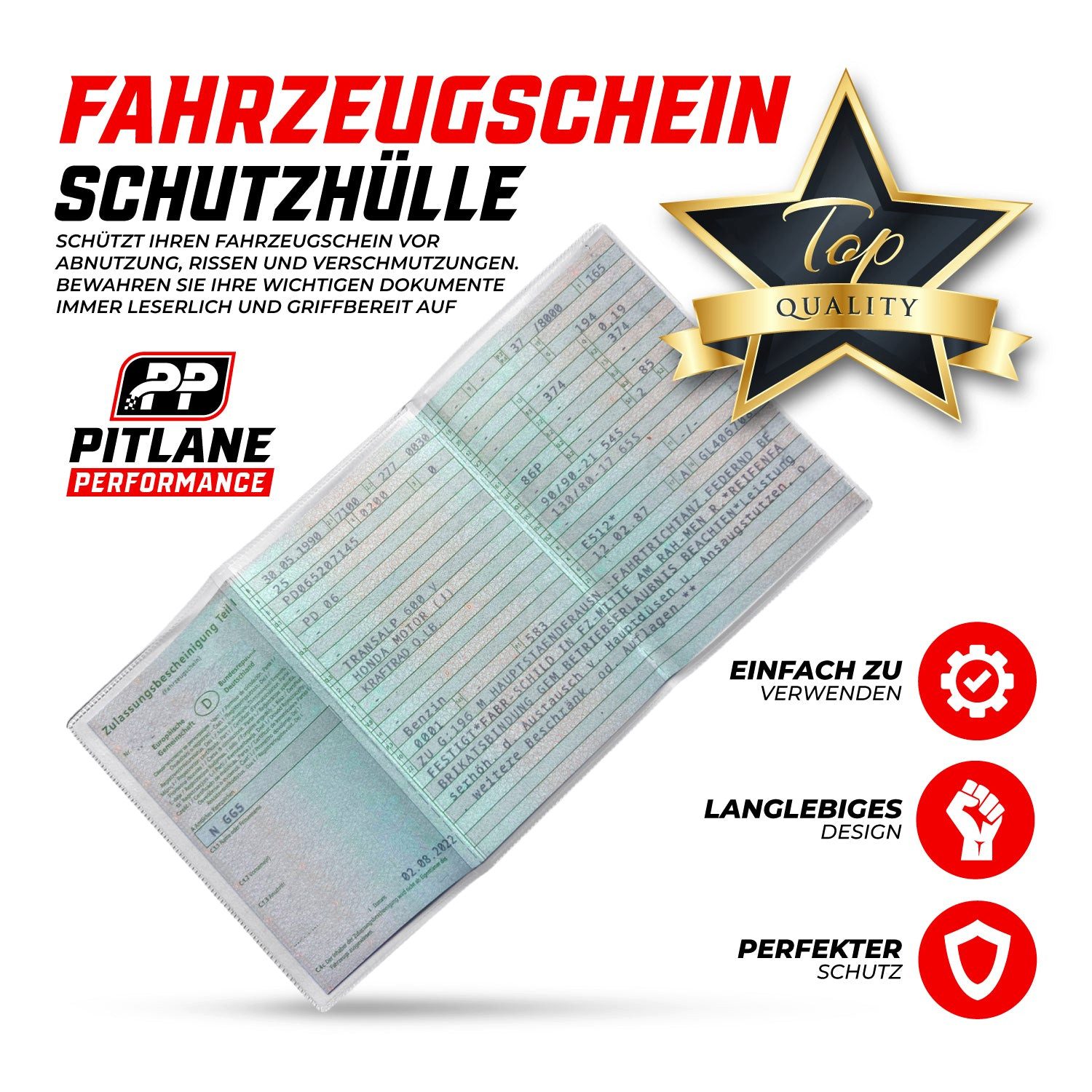 Pitlane Performance Fahrzeugscheinhülle Schutzhülle passgenau für deutsche Fahrzeugpapiere, Zulassungsbescheinigung Teil 1 Klarsichthülle Auto Dokumente – Bild 2 von 5