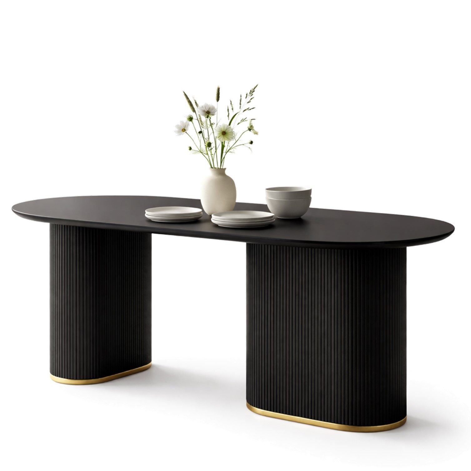 HOOZ Wohnzimmertisch Esszimmertisch Modern Oval 180x90cm Schwarz – Tischplatte 4 cm stark (Einzelprodukt, 1-St., 1× Esstisch), Tisch mit geriffeltem Gestell & silberfarbenem Ring am Sockel