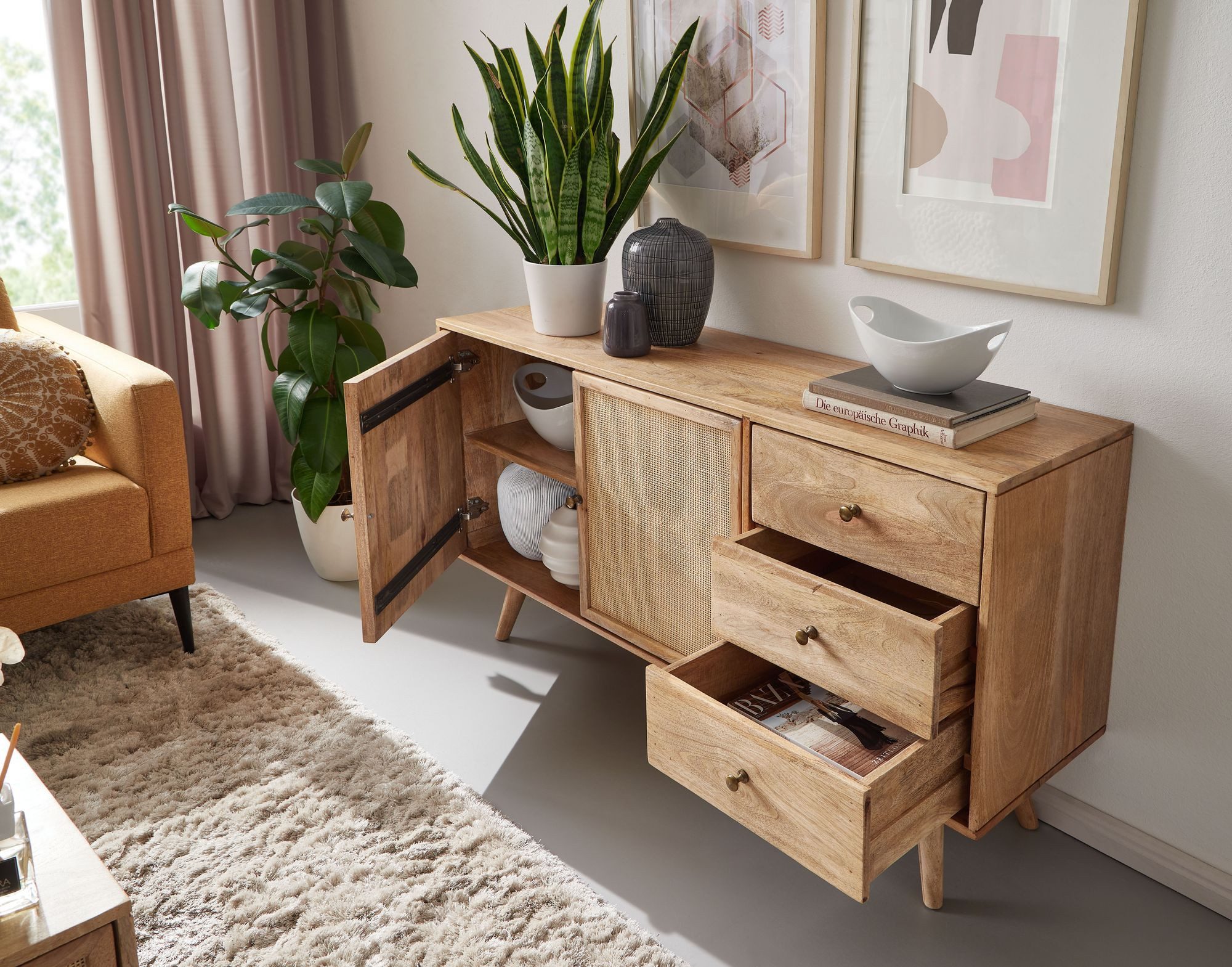 FINEBUY Sideboard FB60956 Massivholz 140cm 2 Türen 3 Schublade Kommode Wiener Geflecht (140x75x40 cm Mango Massivholz / Rattan Anrichte), Kommode 3 Schubladen, Hoher Kommodenschrank
