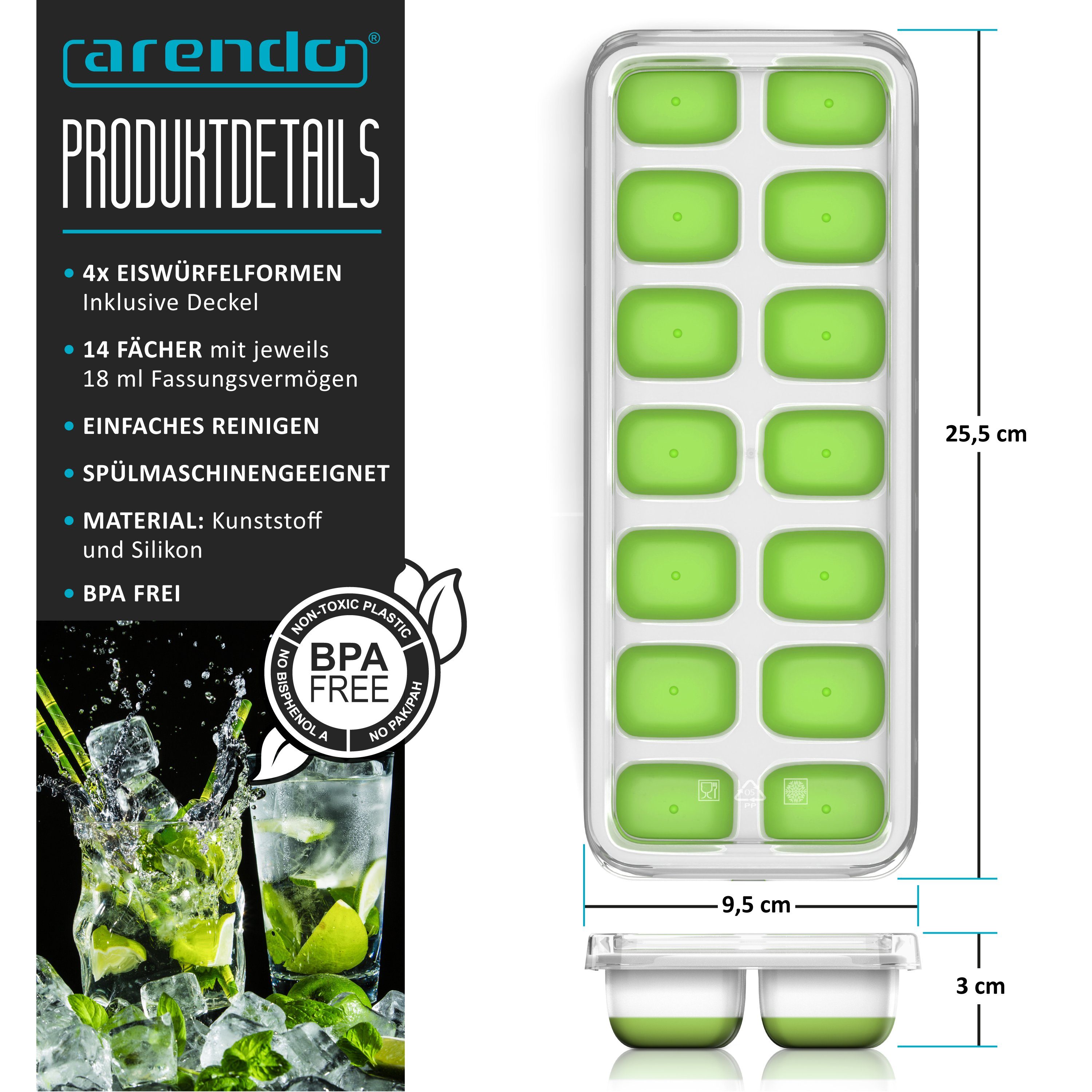 Arendo Eiswürfelform 4er Pack Silikon 250ml, 14 Eiswürfel, spülmaschinengeeignet, stapelbar, (4-tlg), 14 Fächer, 4 x Eiswürfelformen mit Deckel, BPA-frei