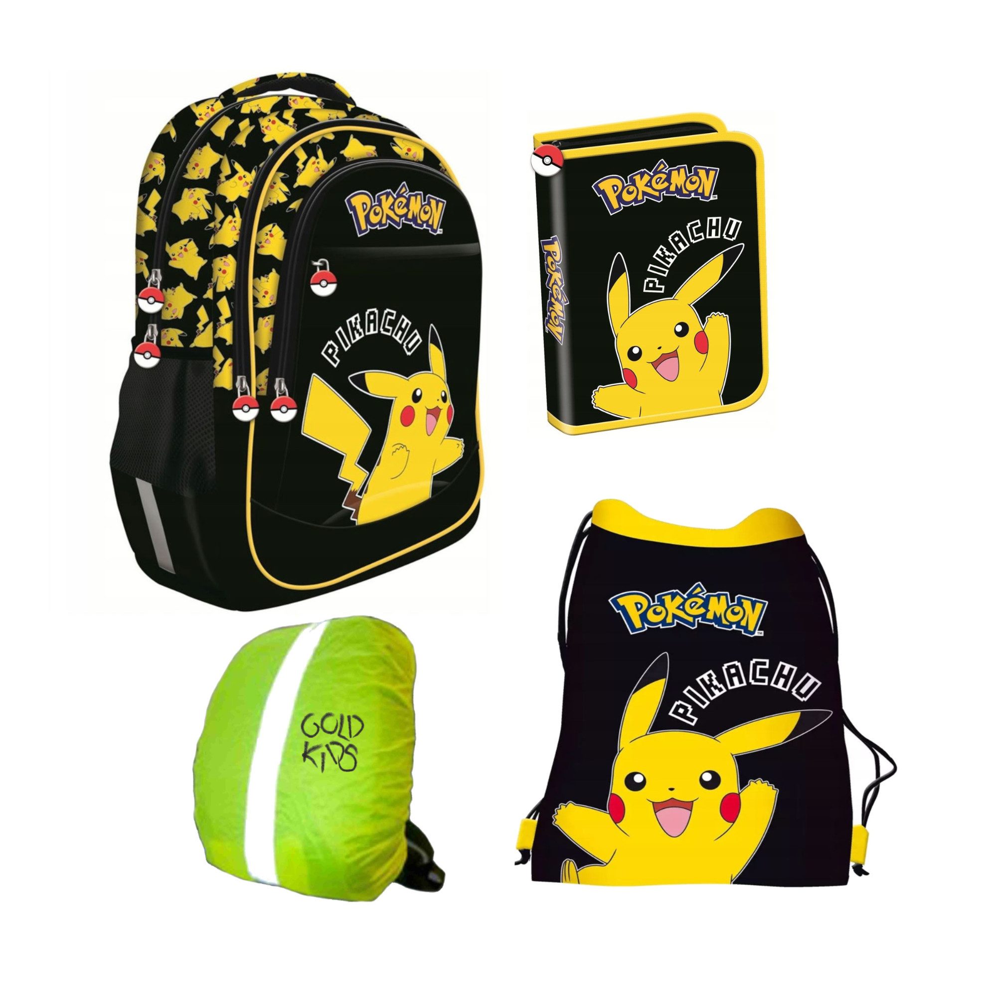 GOLDKIDS Schulranzen für Jungen und Mädchen, 4er-Set - (Schul-Rucksack für Kinder mit, 1-tlg., Federmäppchen - Schuhbeutel und Regenschutz), - Pokemon Motiv - 1-3 Klasse