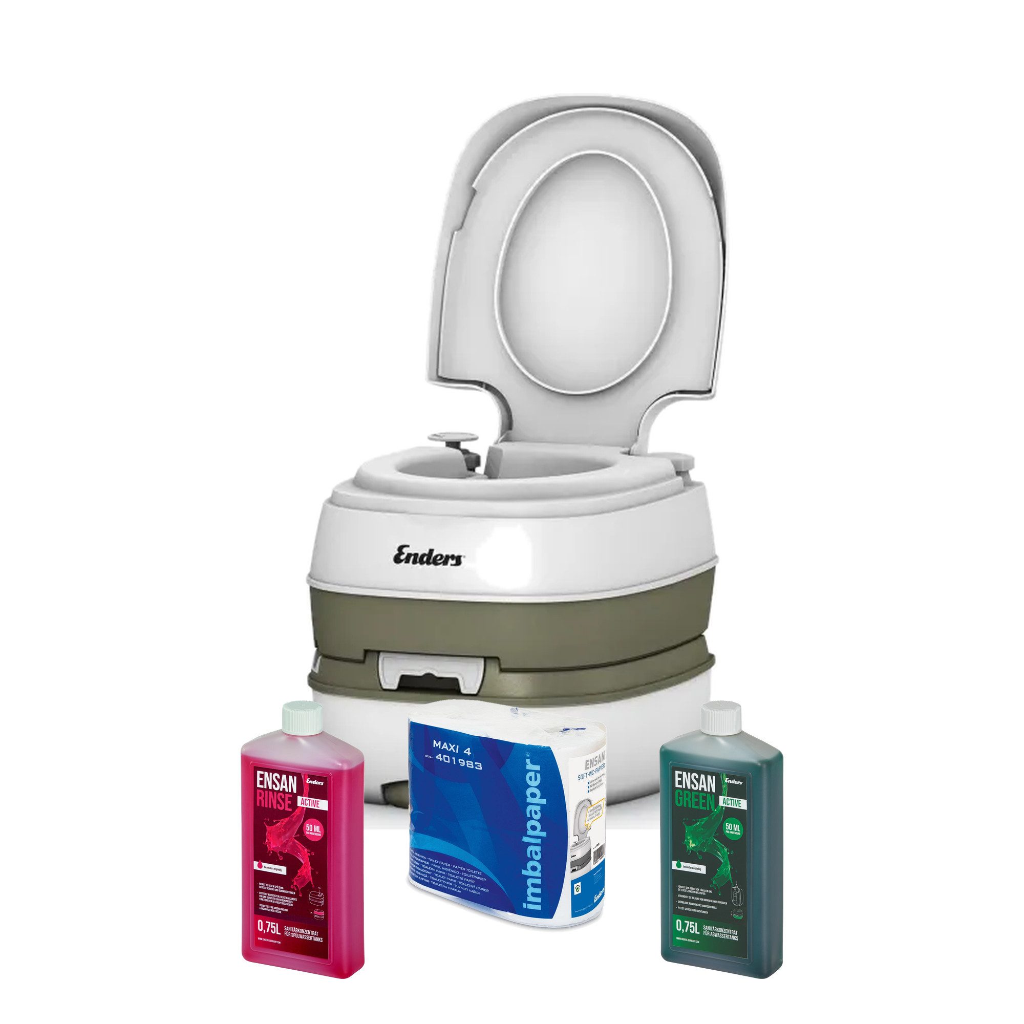 Enders® Campingtoilette Deluxe Green Set, (Spar-Set, inkl. 0,75L RINSE + 0,75L GREEN + 4 Rollen selbstaufl. Toilettenpapier), Kolbenpumpe, farbige Füllstandsanzeige, integrierte Transportrolle