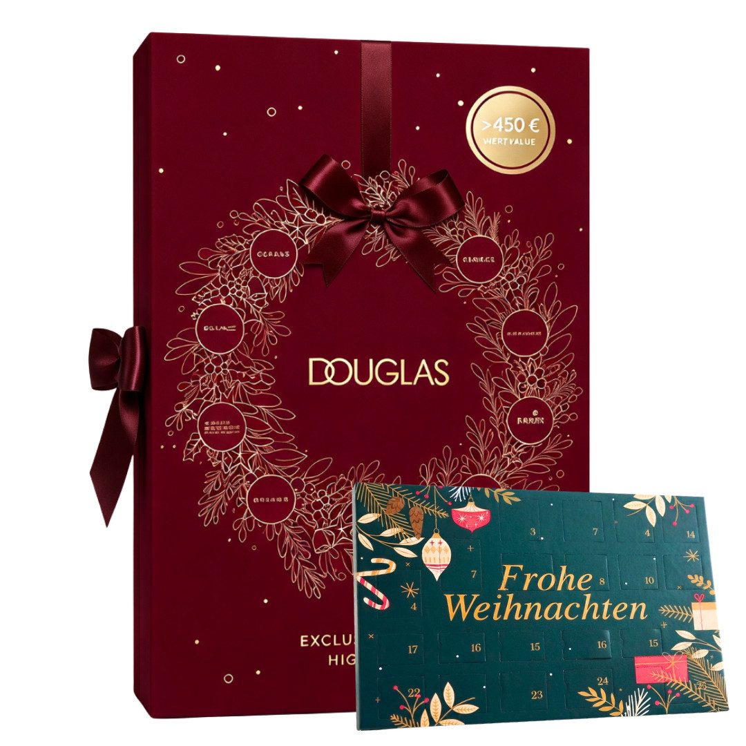 Douglas Kosmetik-Adventskalender Exclusiv 2026 + DOUG Tisch Adventskalender 2er set Mädchen Frau Beauty (Set, 48-tlg), 48 tlg - 24 Pflegeprodukte + 24 Schokolade Advent kalender - Damen