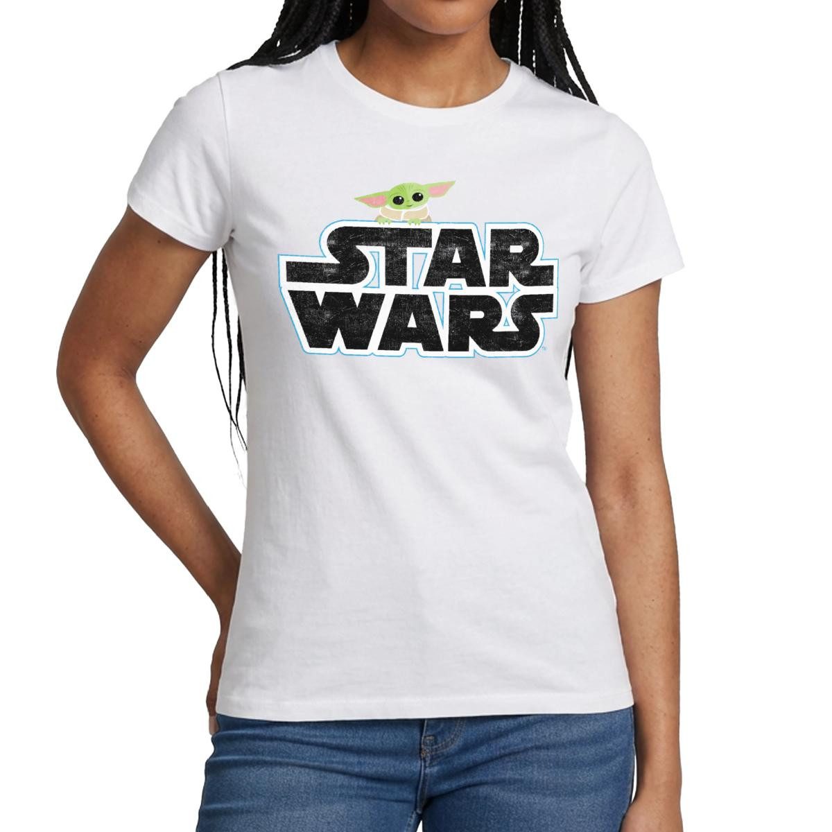 T-Shirt Star Wars: Mandalorian Schriftzug Mit Grogu Frauen T-Shirt