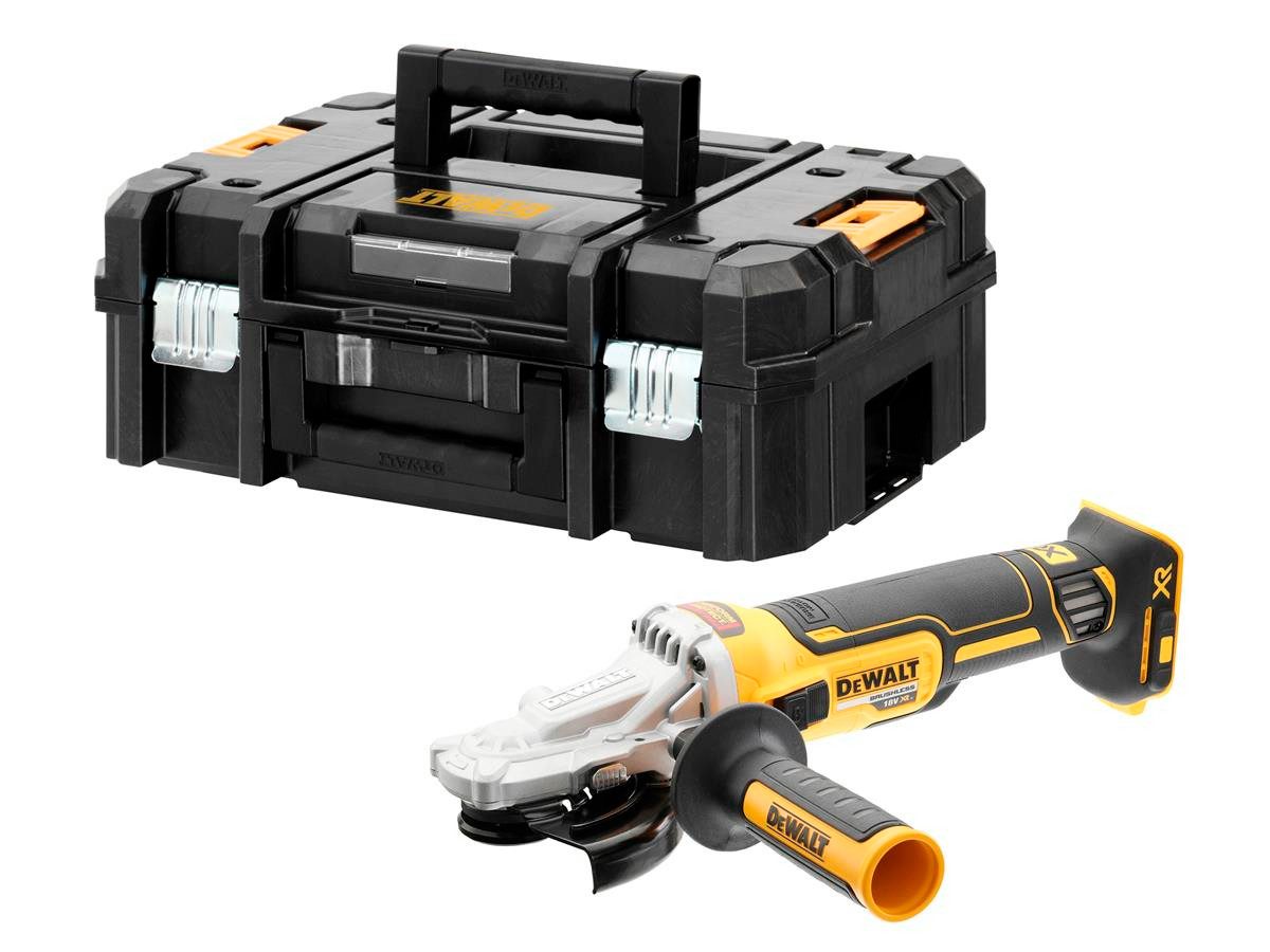 DeWalt Akku-Winkelschleifer mit Flachkopf-WKS, 18V (Basisv), max. 9000 U/min, (Basisversion / Solo-Gerät, 5 tlg., Ohne Akku und Ladegerät, inklusive TSTAK-Koffer II), für Arbeitswinkel bis 40°, Ø 125 mm, ohne Akku und Ladegerät
