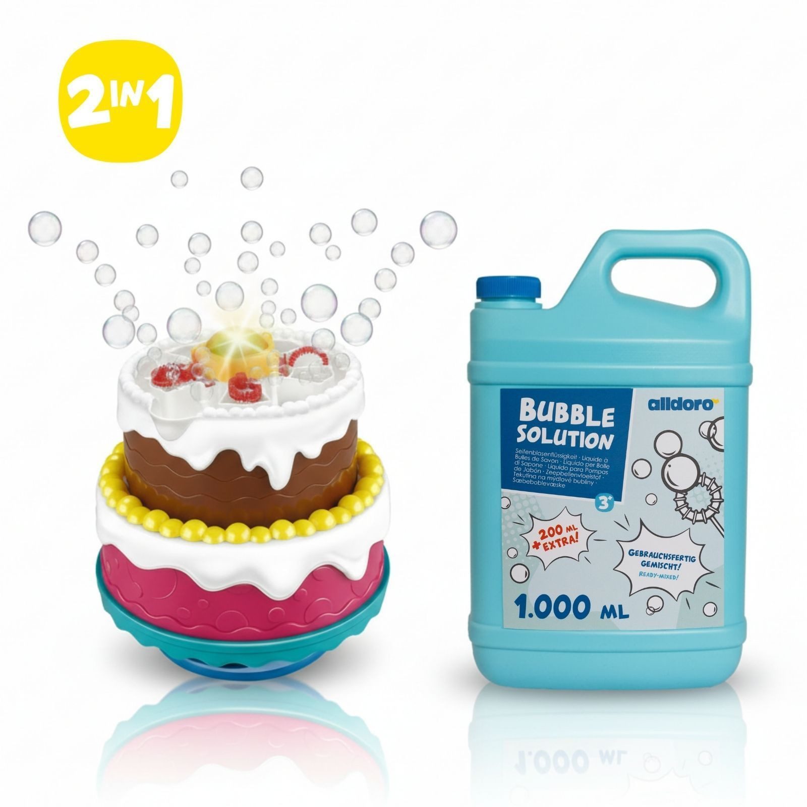 alldoro Seifenblasenmaschine 2 in 1 Set: Torten-Seifenblasenmaschine mit XL-Nachfüllkanister, Seifenblasen-Torte mit Licht & Happy Birthday Song, Party & Hochzeit
