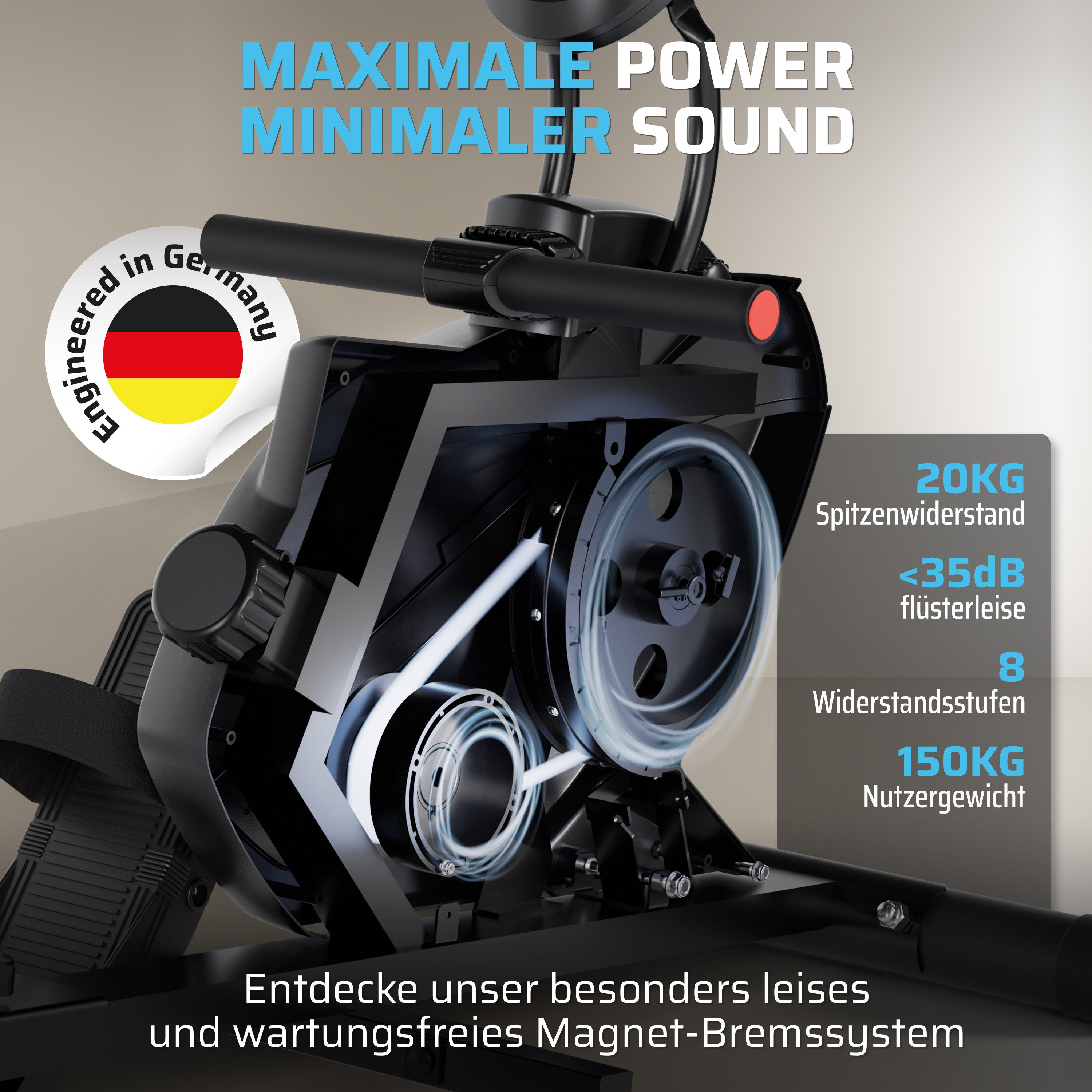 SportPlus Rudergerät SP-MR-008-B, 8 Widerstandsstufen, Rudermaschine, Magnetbremssystem, klappbar