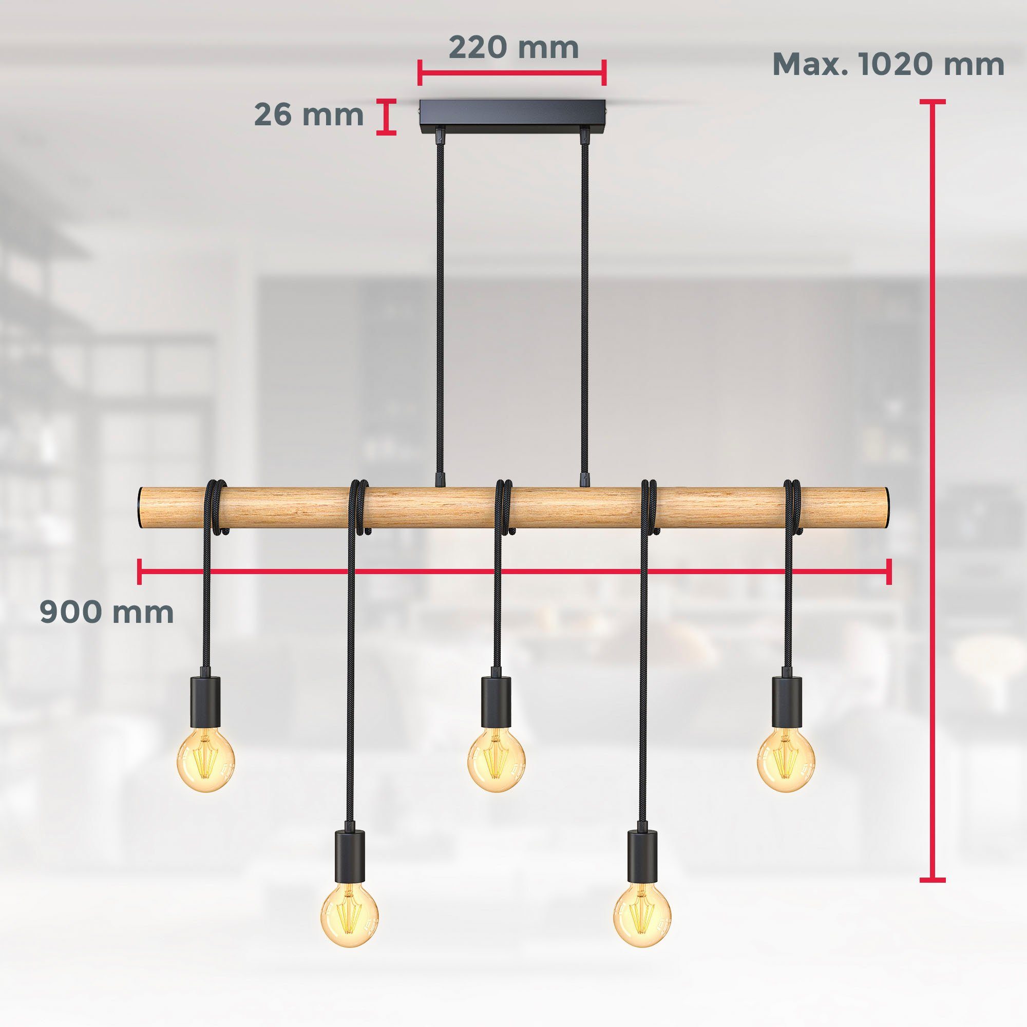 B.K.Licht Pendelleuchte BK_PL1339 90cm Hängelampe ohne Schwarz E27-Fassung, Leuchtmittel, 60W), L: (max. Holz-Pendellampe, matt, Esstisch, ohne 5-flammig, Leuchtmittel