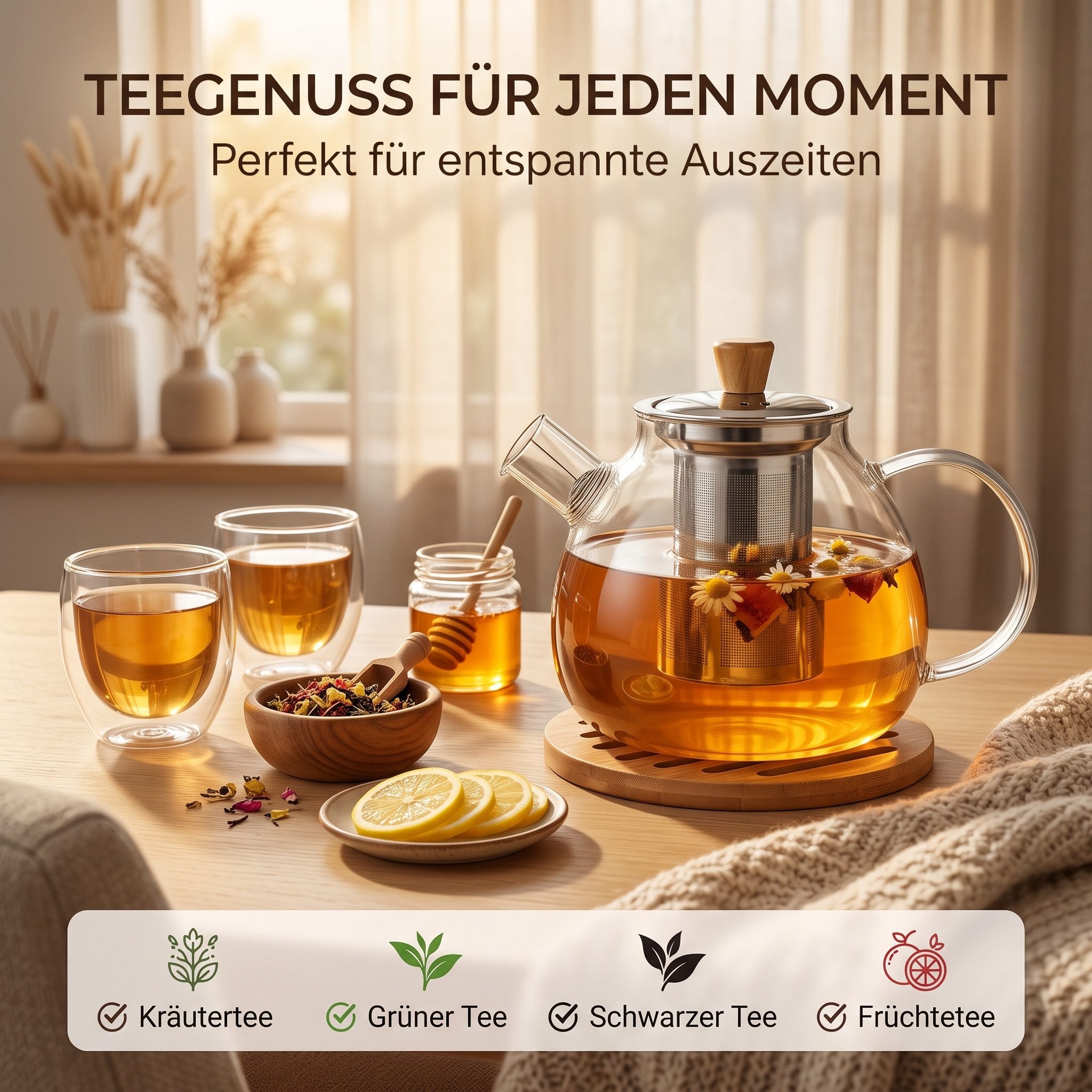 hausleben Teekanne Glas mit Edelstahl-Sieb Untertelle 1,5 Liter, (1-St), Bambus Unterteller Tropffrei, Hitzebeständig, Spülmaschinenfest