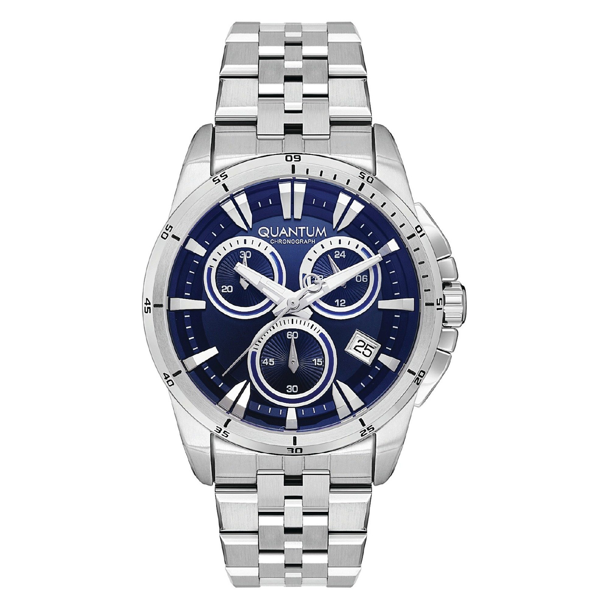 QUANTUM Chronograph Herrenuhr Edelstahl, 44 mm, Herren Armbanduhr, 10 ATM wasserdicht dunkelblaues Zifferblatt, silber – PWG1124.390, (1-tlg), Datum, Mineralglas, 10 ATM wasserdicht, inkl. Geschenkbox