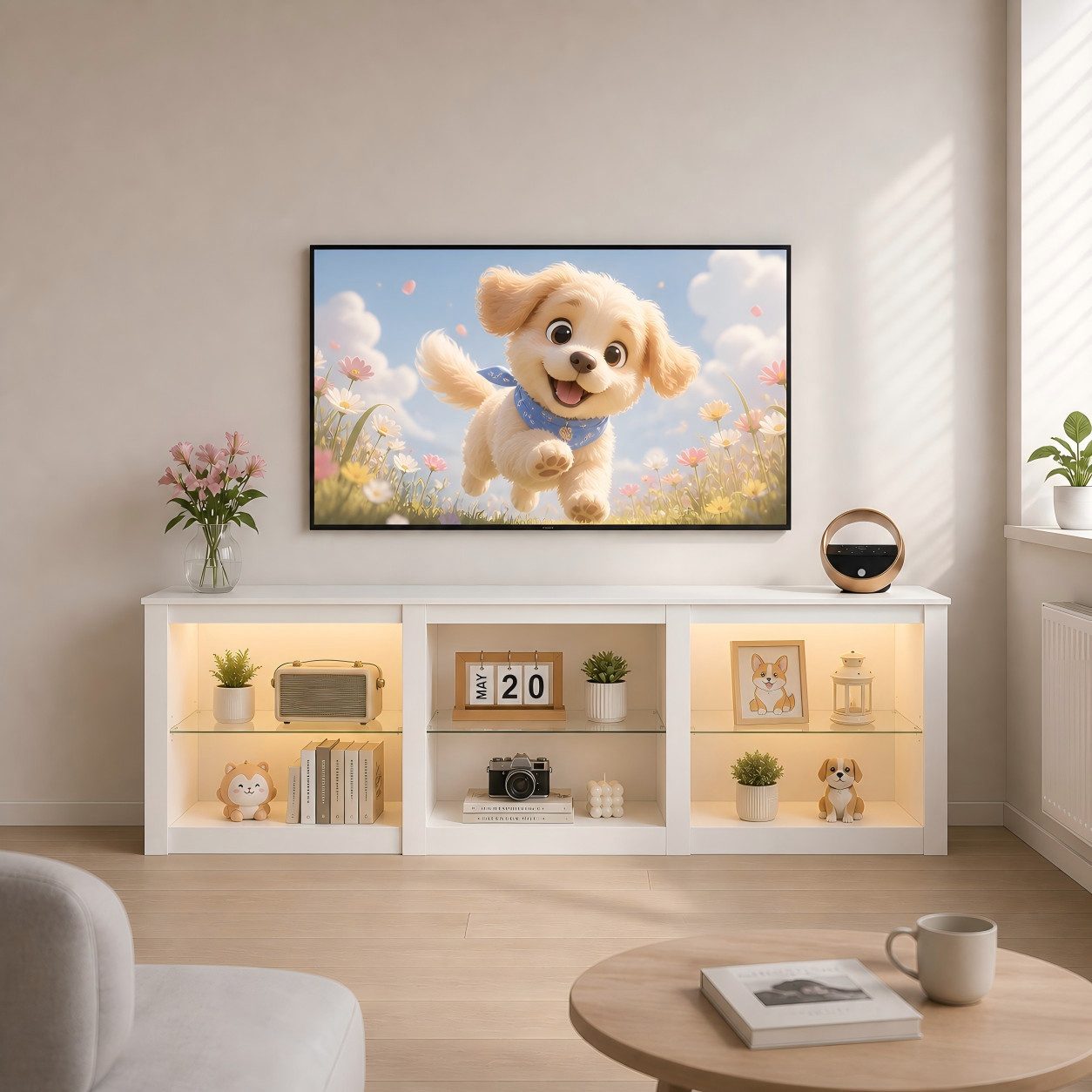 WLIVE Lowboard TV-Schrank mit RGB-LED (22 Modi), 3 offene Fächer & verstellbare (Länge 166 cm, Weiß, TV Board für 55/60/ 65/70/75/Zoll Fernseher), 166 x 39 x 56 cm, modern & stabil