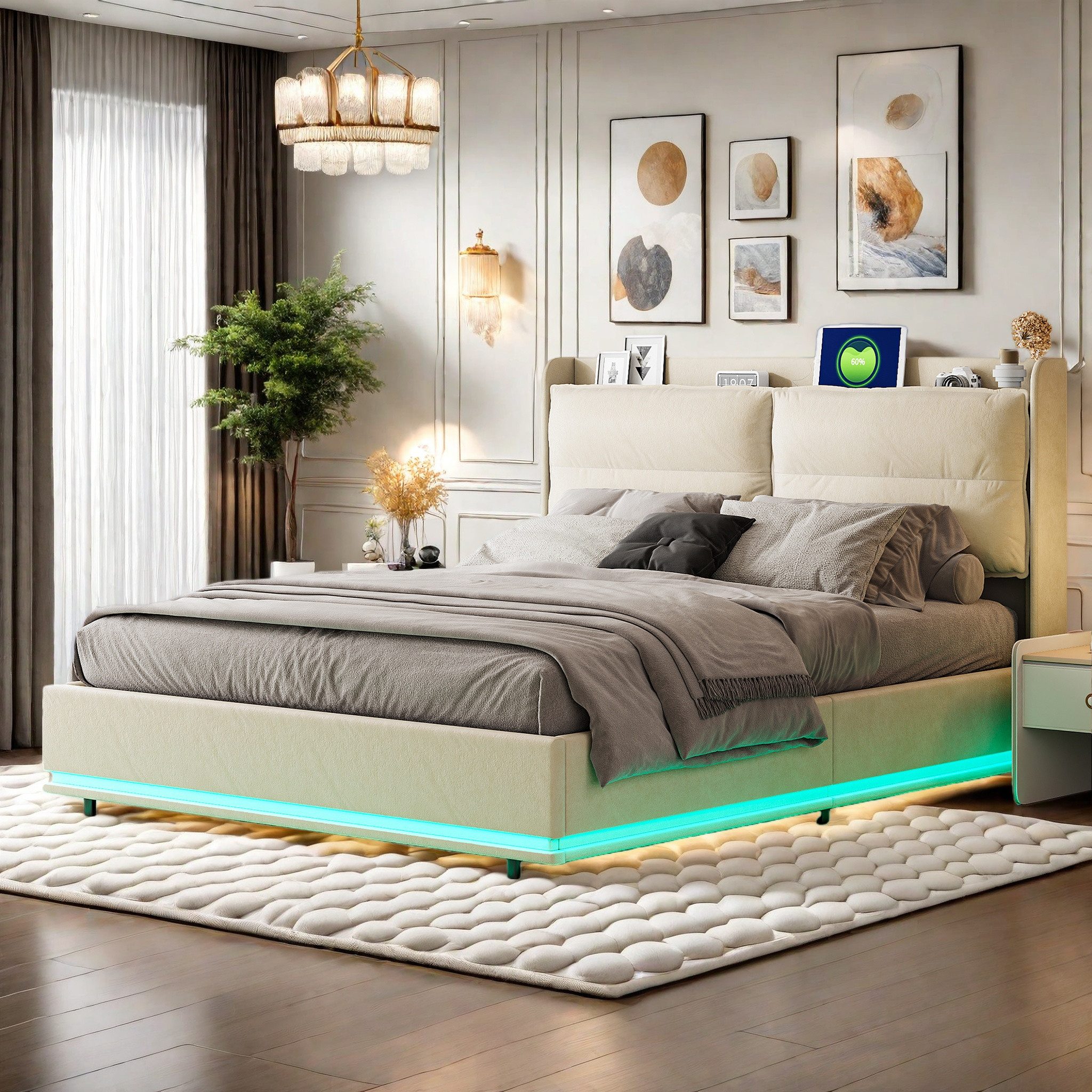 ADWOLT Stauraumbett Polsterbett Doppelbett mit LED-Beleuchtung (Set, 1-tlg., Gepolstertes Kopfteil mit Stauraum), Hydraulisches Funktionsbett, ohne Matratze, Samt, Beige,160x200cm