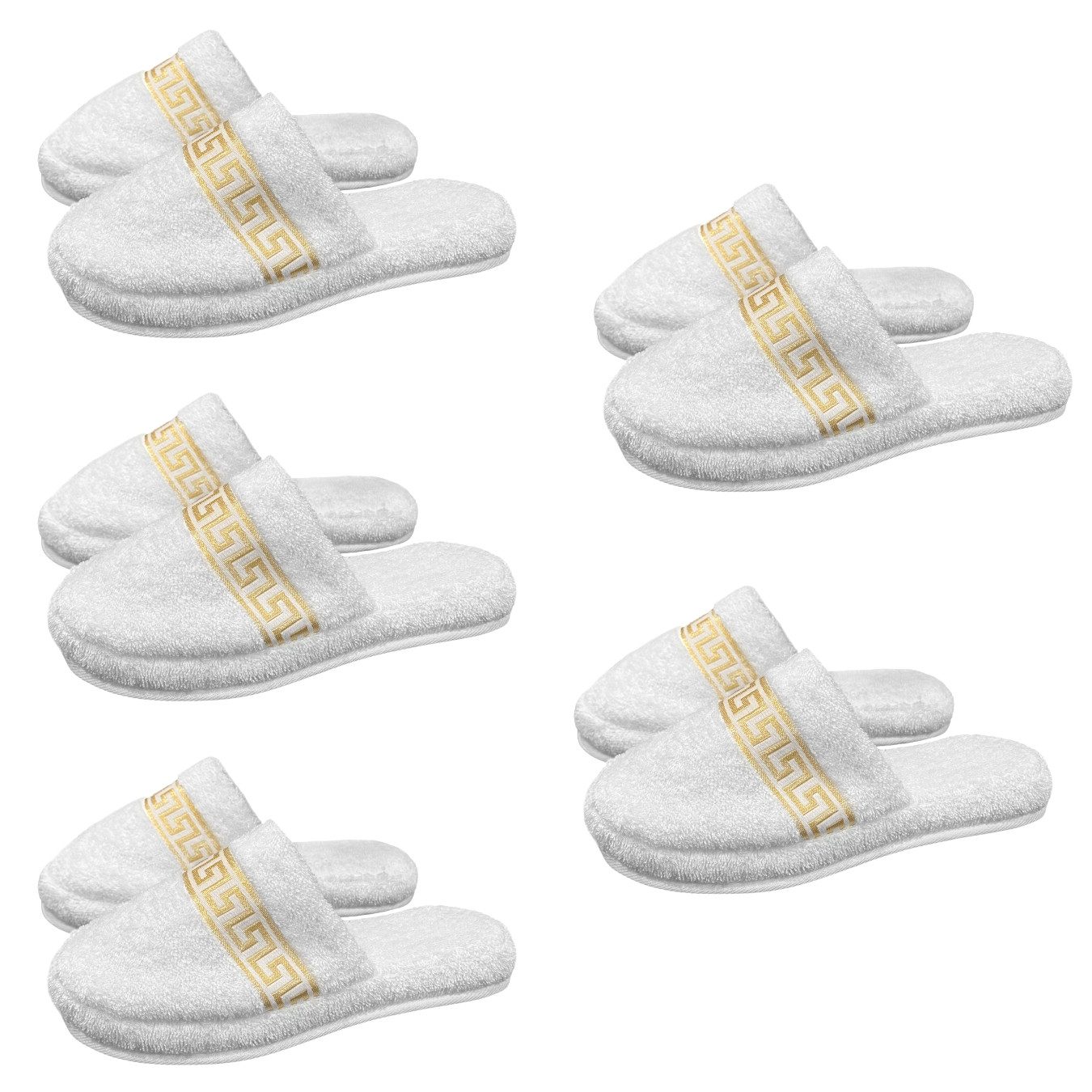 Belle Arti Luxus Gäste Hausschuhe Homeslipper Damen Herren Mäander weiss gold SET Pantoffel (5-tlg)